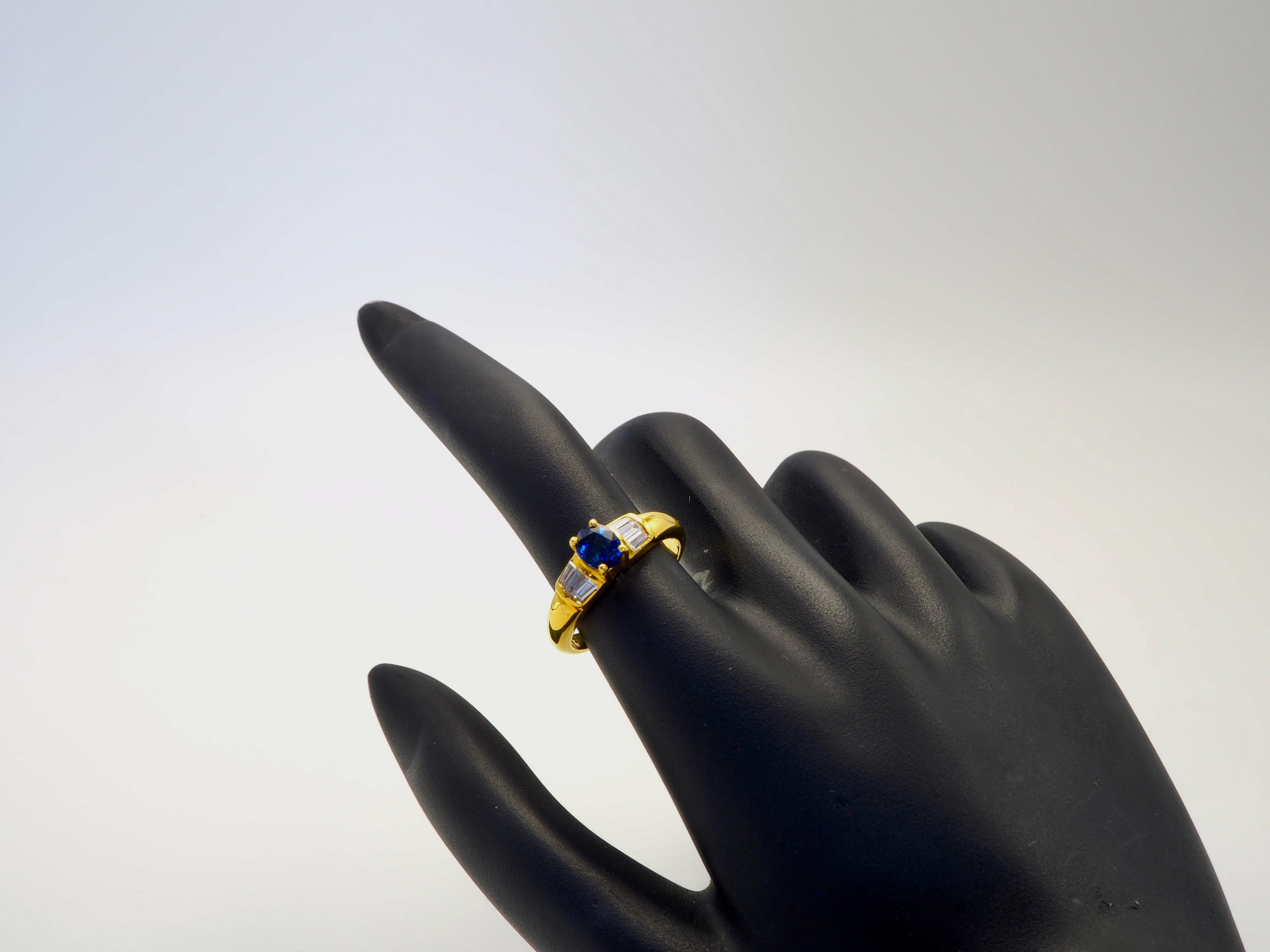 Women's 18K Gold 0.80ct Thai Blue Sapphire & 0.25ct Baguette Diamond Fine Band Ring For Sale