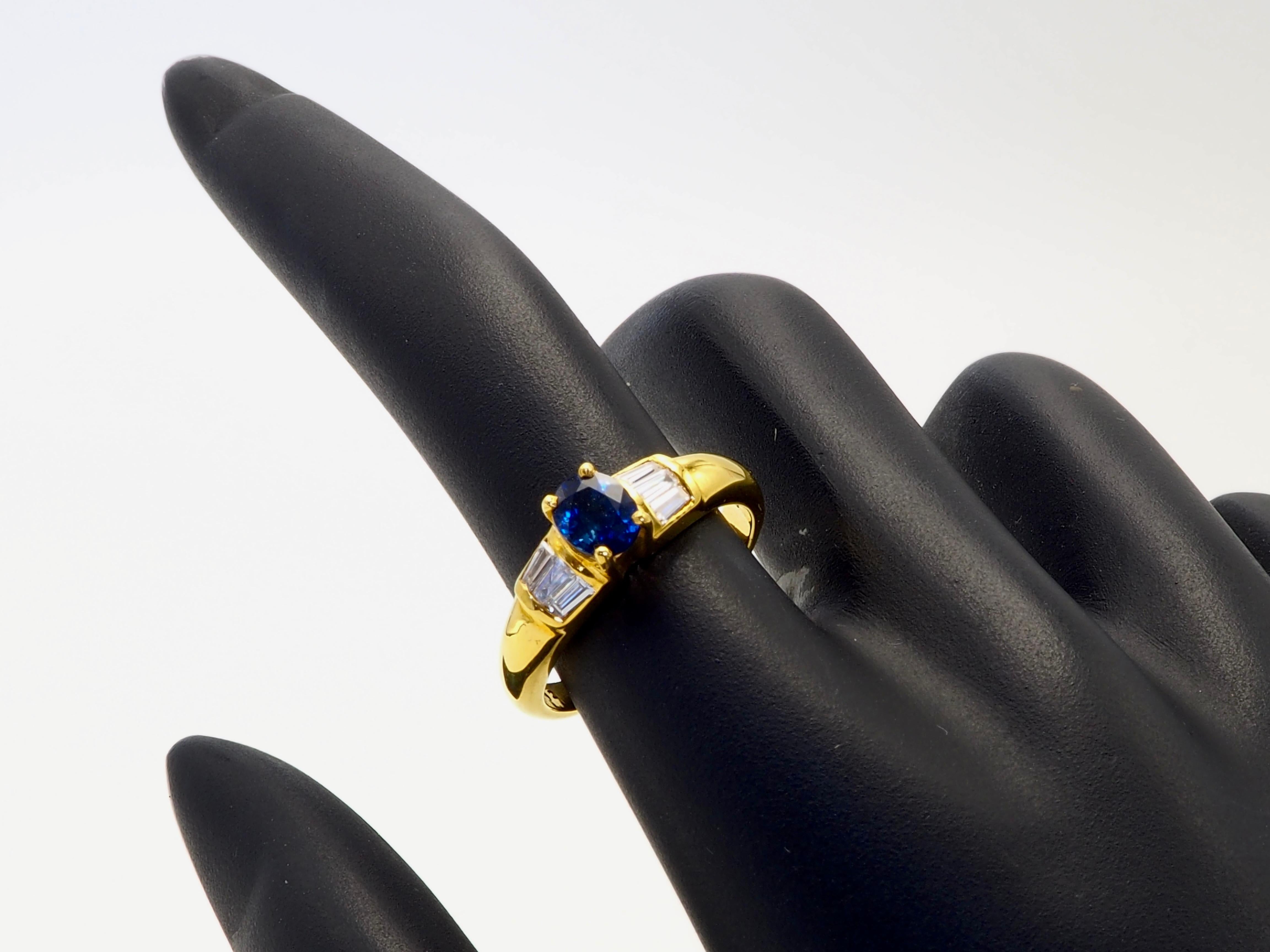 18K Gold 0.80ct Thai Blue Sapphire & 0.25ct Baguette Diamond Fine Band Ring For Sale 1