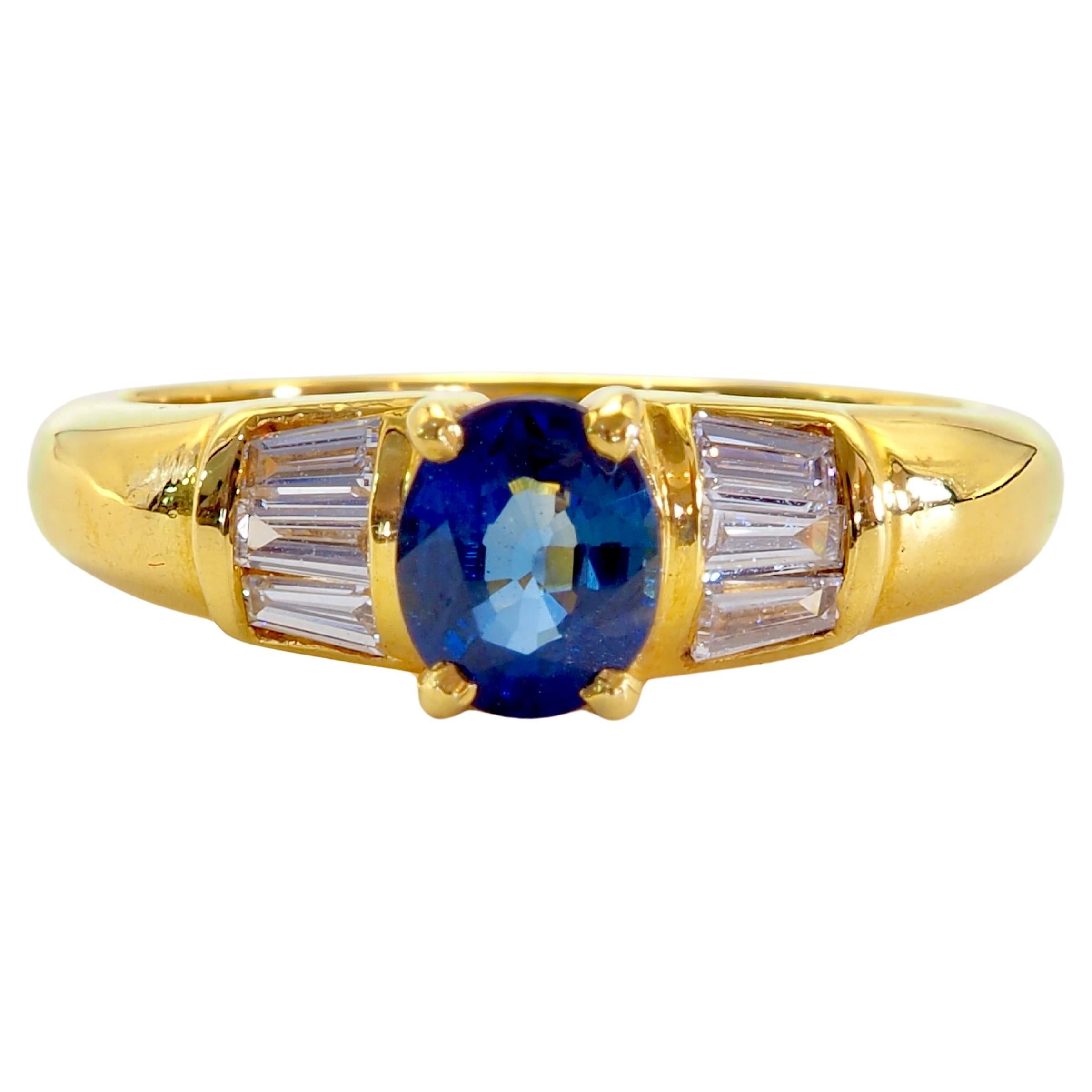 18K Gold 0.80ct Thai Blue Sapphire & 0.25ct Baguette Diamond Fine Band Ring