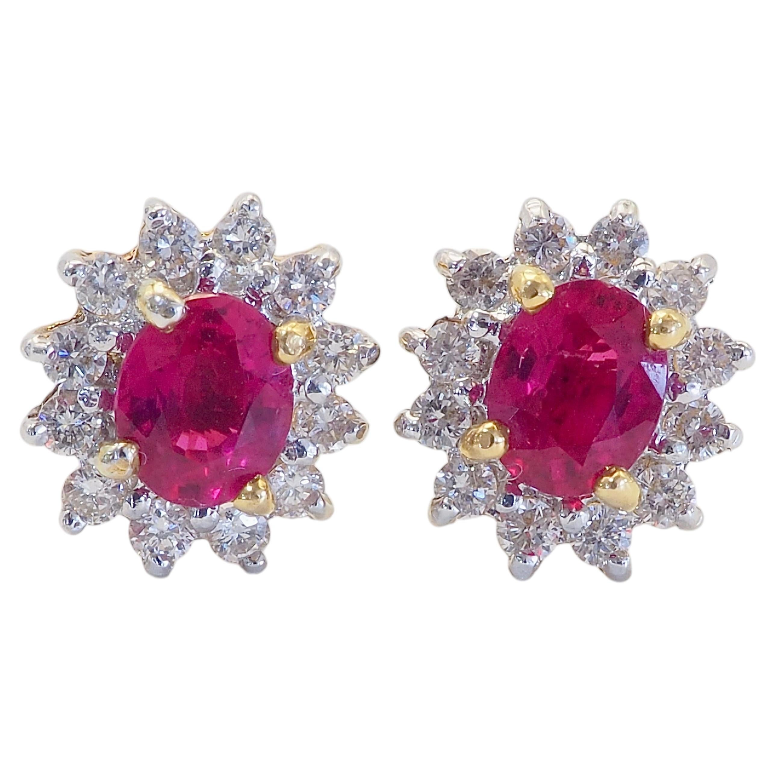 18K Gold 0.82ct Oval Vivid Red Ruby & 0.30ct Diamond Sunburst Stud Earring