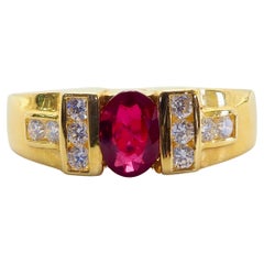 Bague unisexe en or 18 carats, rubis rouge ovale 0,83 carat et diamants 0,25 carat