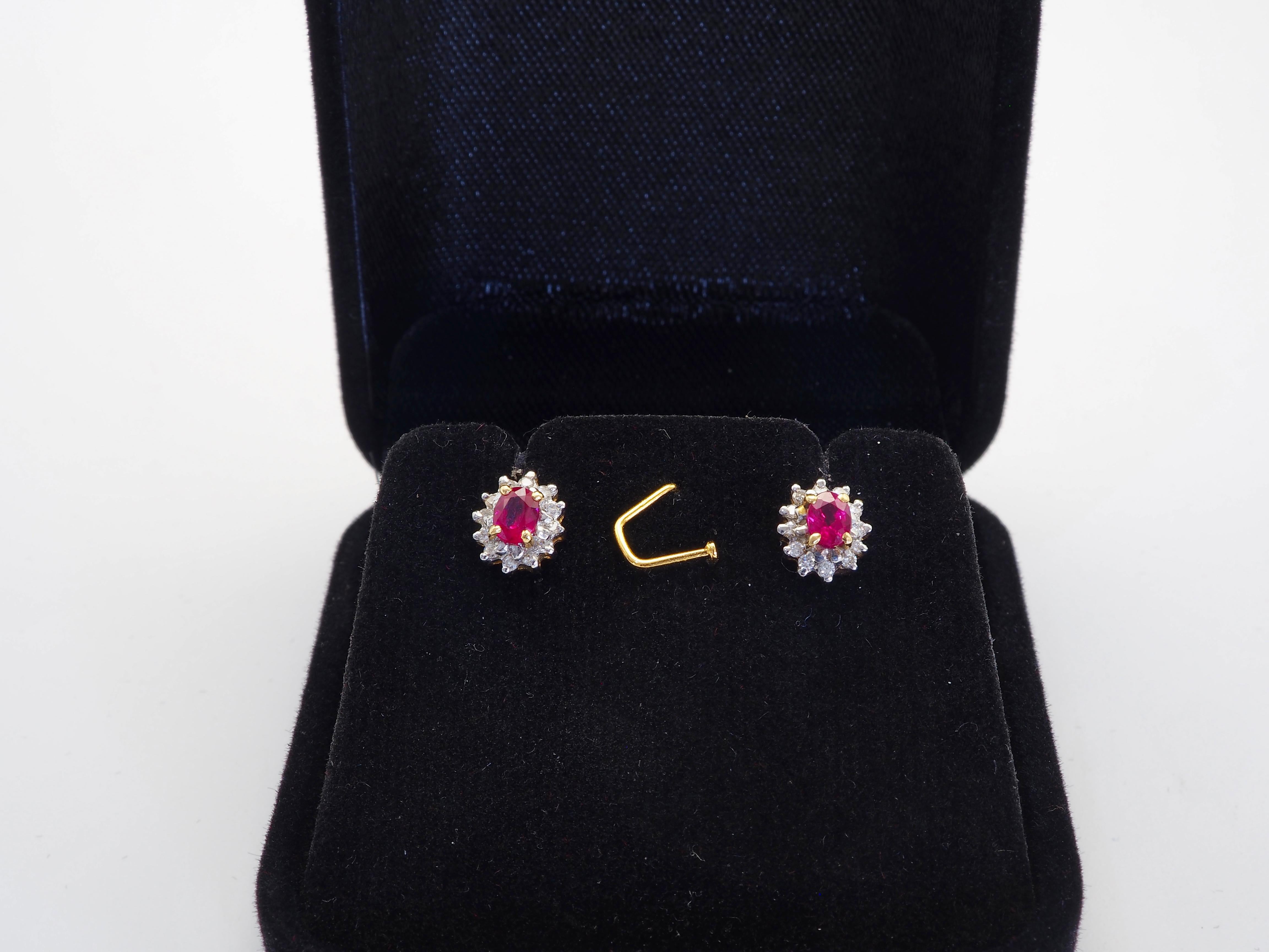 Women's or Men's 18K Gold 0.84ct Oval Ruby & 0.15ct Diamond Petite Stud Earring