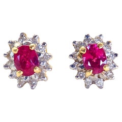 18K Gold 0.84ct Oval Ruby & 0.15ct Diamond Petite Stud Earring