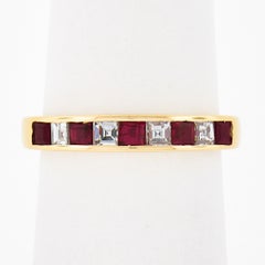 18K Gold 0.88ct Alternating Square Step Cut Ruby & Diamond Channel Set Band Ring