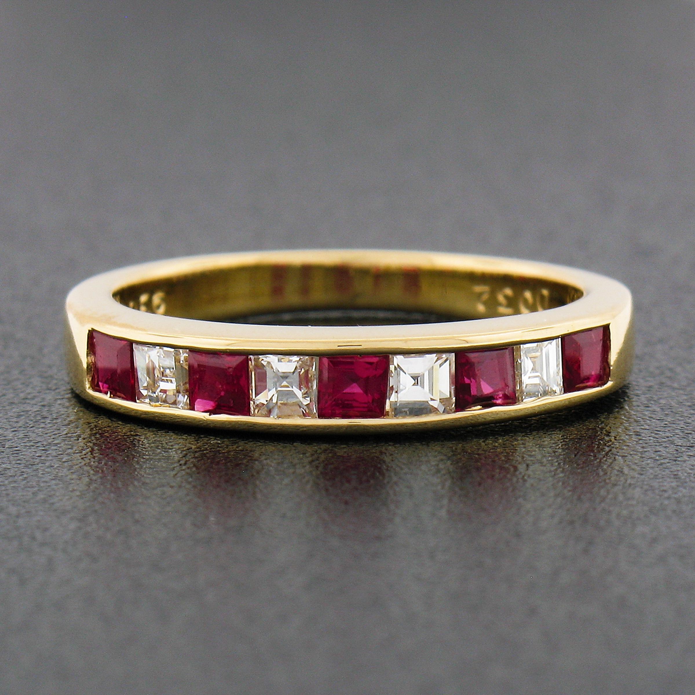 Square Cut 18K Gold 0.88ct Alternating Square Step Cut Ruby & Diamond Channel Set Band Ring For Sale
