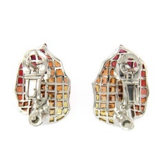 18k Gold .09 Ct Diamonds Invisible Set 12.6 Ct Orange Sapphire Earrings