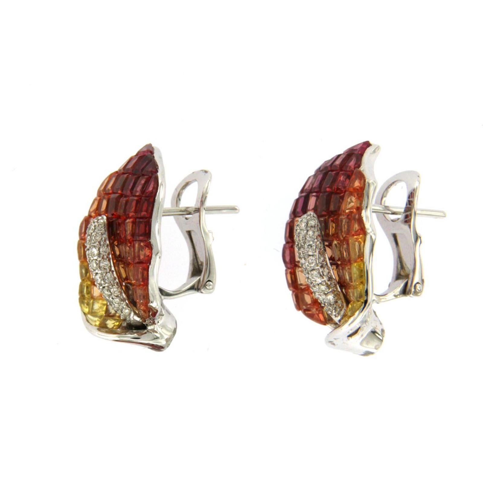 18k Gold .09 Ct Diamonds Invisible Set 12.6 Ct Orange Sapphire Earrings In Excellent Condition For Sale In Los Angeles, CA