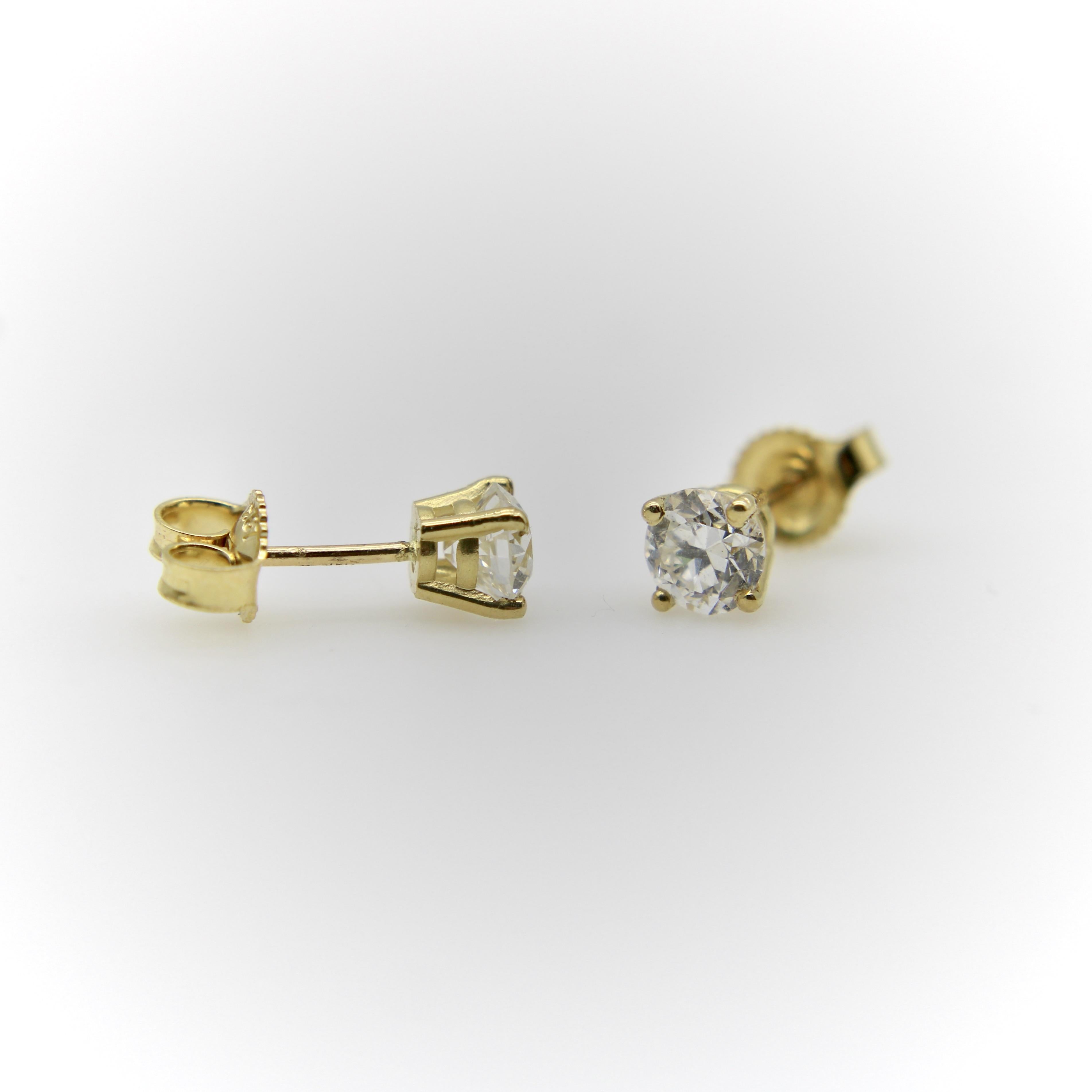 Contemporary 18k Gold 0.90 Carat Old European Cut Diamond Stud Earrings For Sale