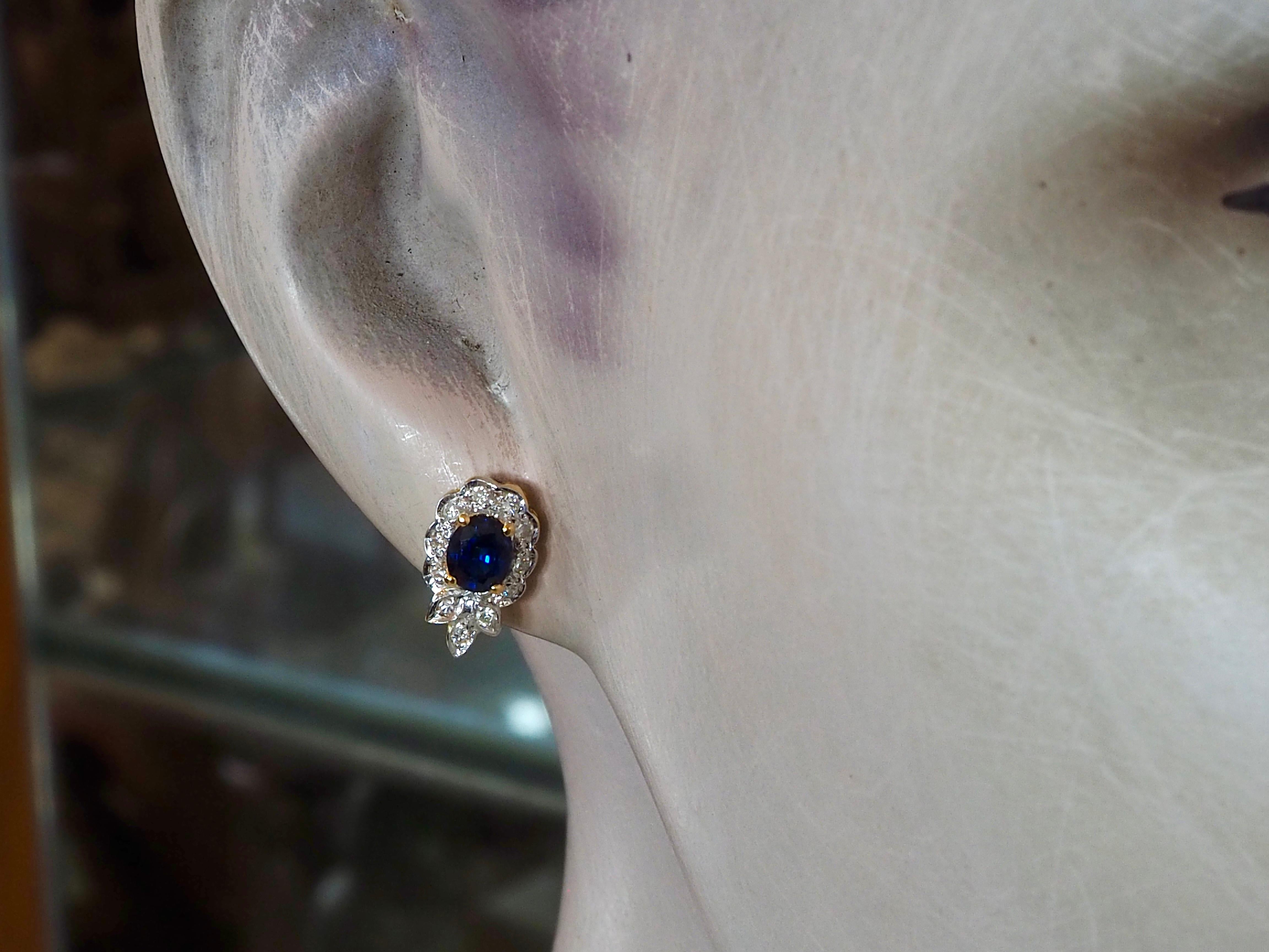 Women's 18K Gold 0.90ct Blue Sapphire & 0.20ct Diamond Floral Stud Earrings