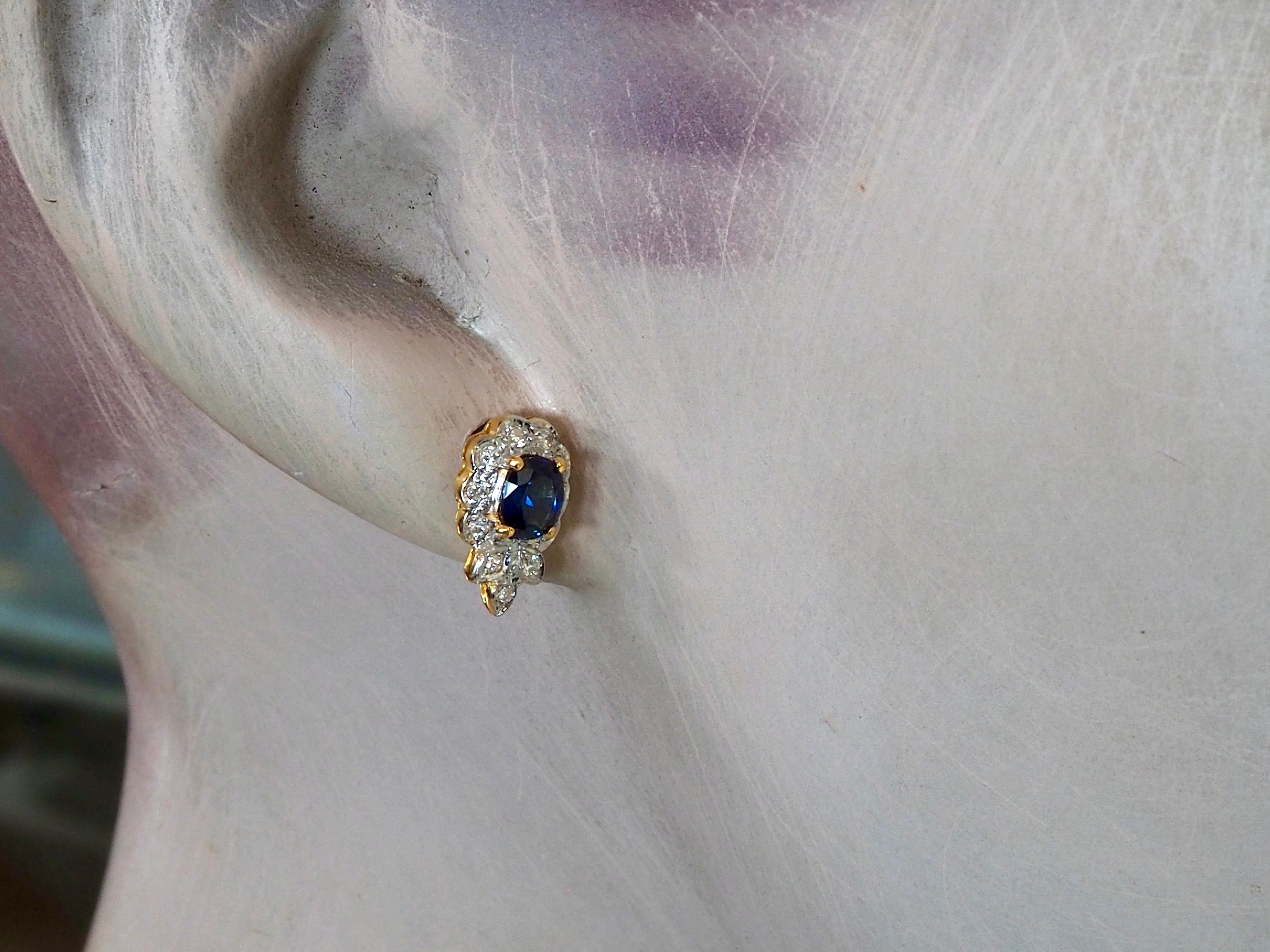 18K Gold 0.90ct Blue Sapphire & 0.20ct Diamond Floral Stud Earrings 1