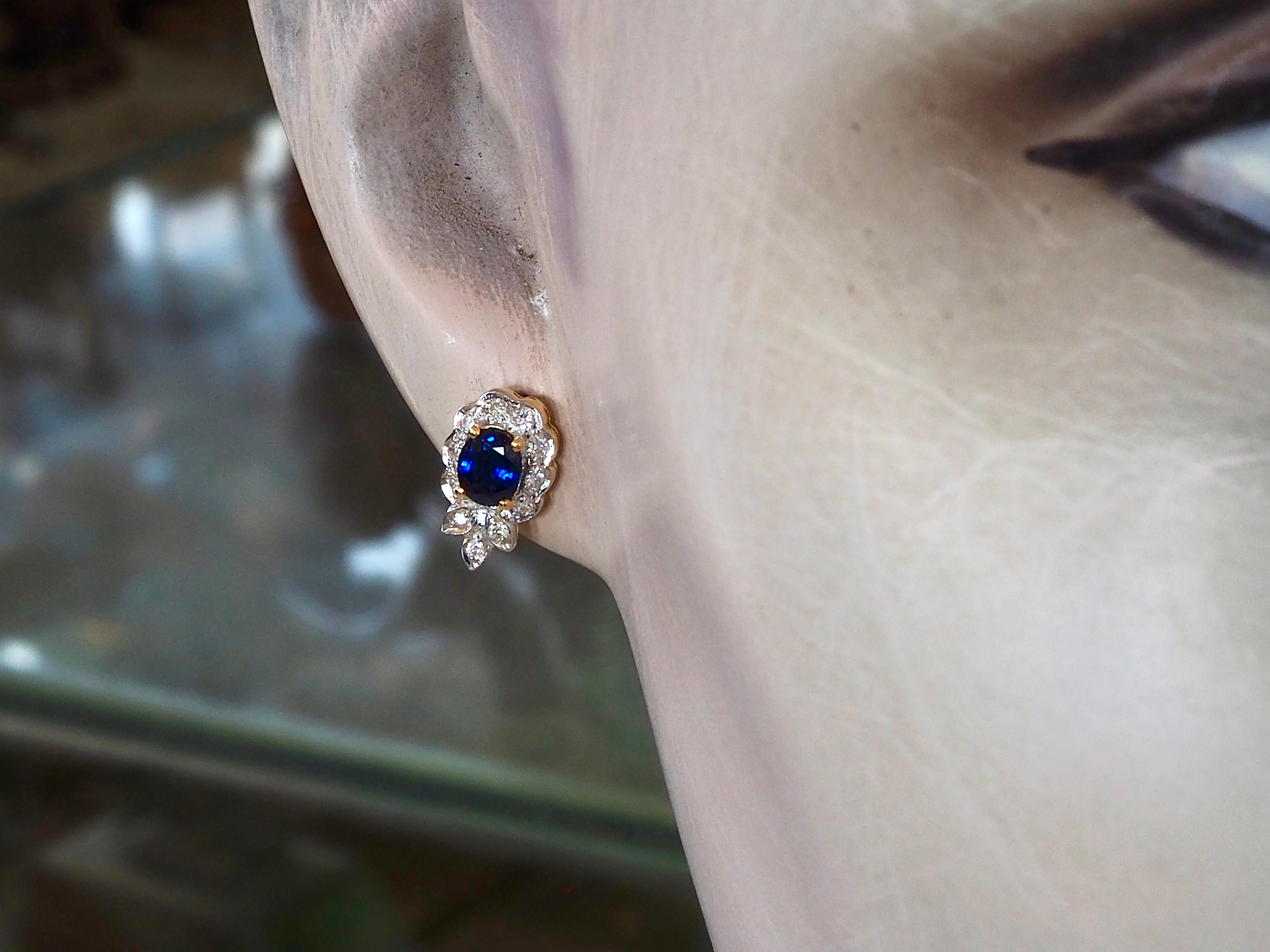 18K Gold 0.90ct Blue Sapphire & 0.20ct Diamond Floral Stud Earrings 2