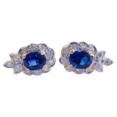 18K Gold 0.90ct Blue Sapphire & 0.20ct Diamond Floral Stud Earrings