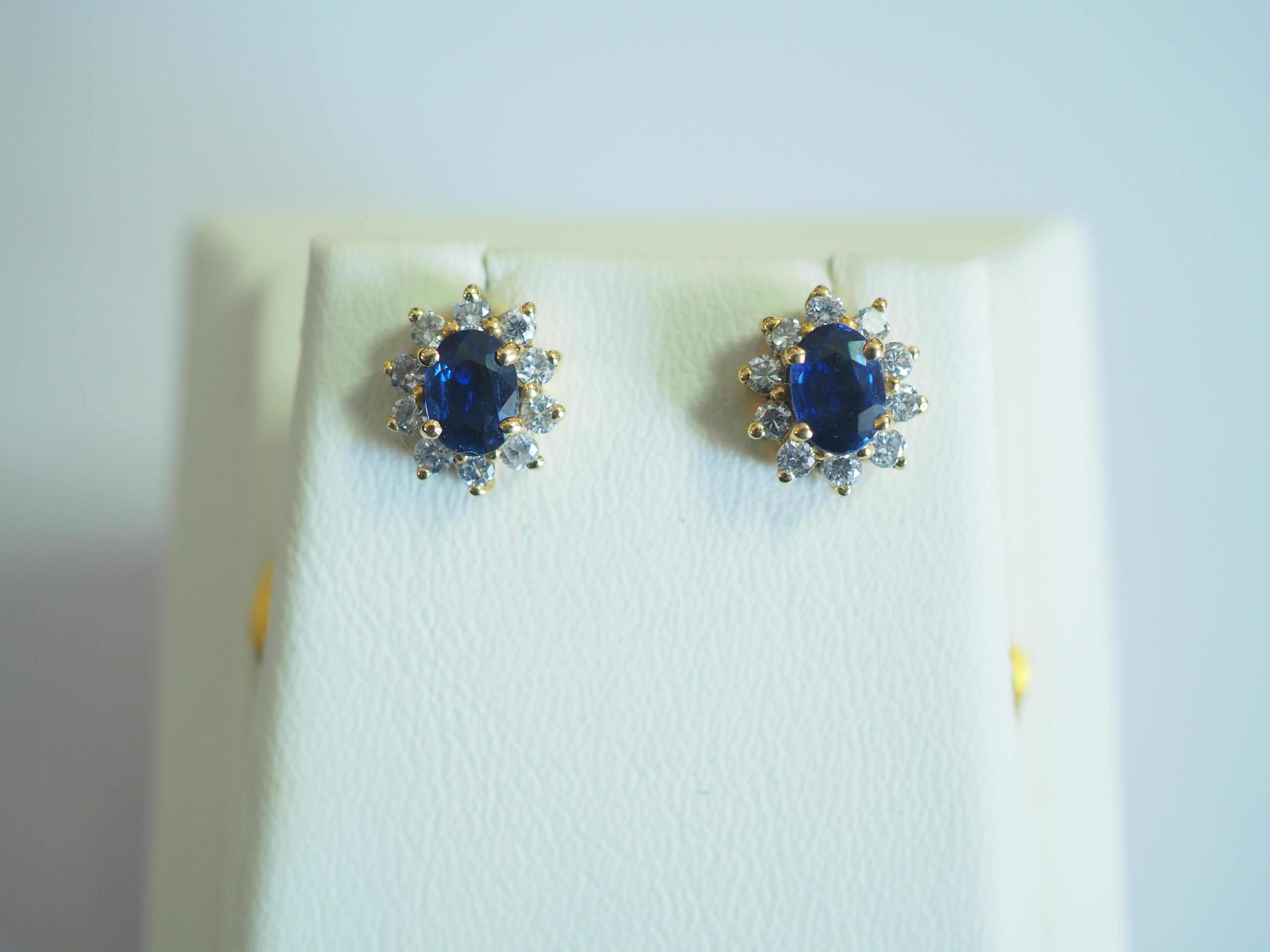 Estate jewelry for auction as is starting at $1. No reserve auction- sold as is!

Presented here is a fine gorgeous blue sapphire and diamond cocktail stud earrings. The oval blue sapphires have very nice blue tone and saturation with a lot of fire.