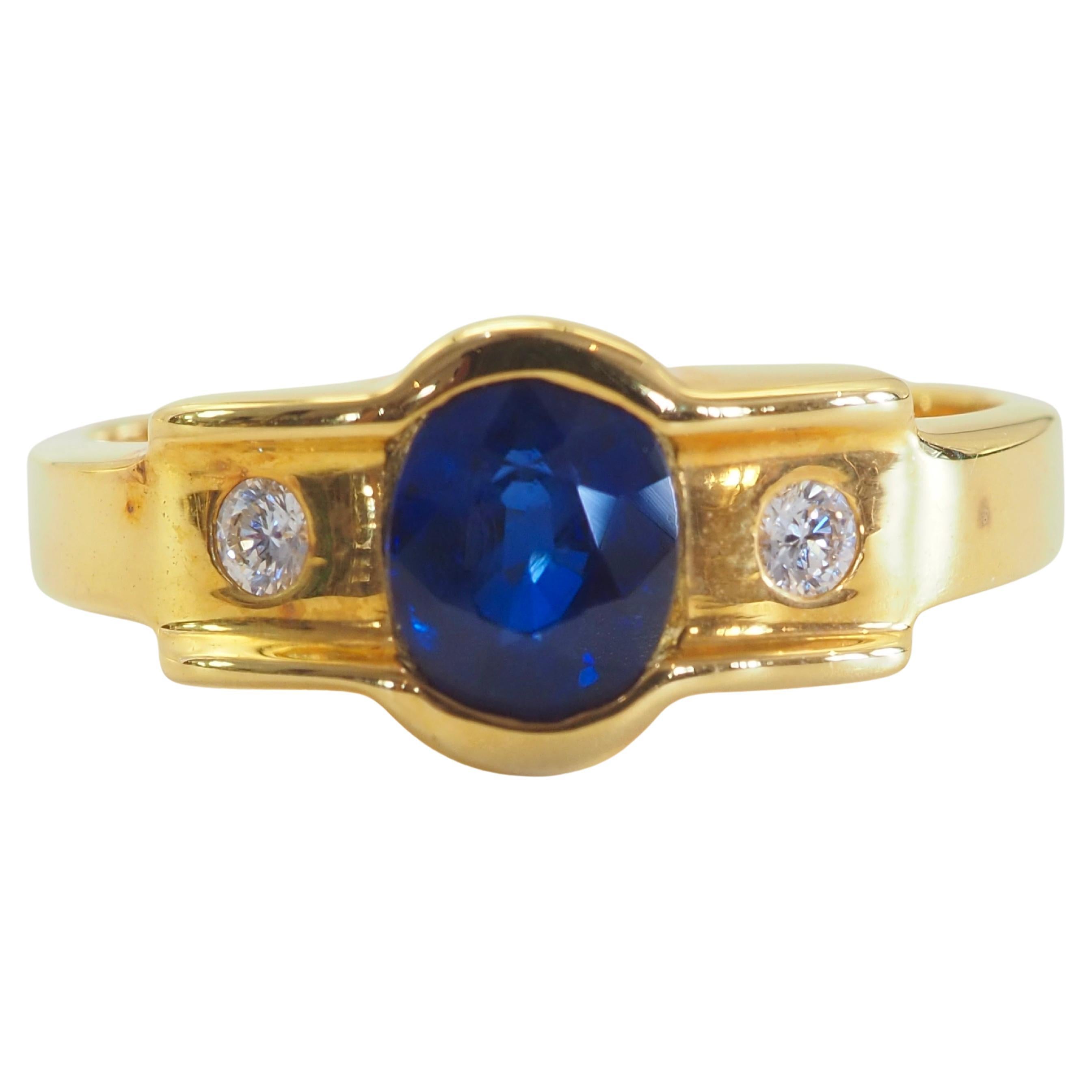 18K Gold 0.90ct Oval Blue Sapphire & 0.08ct brilliant Diamond Band Ring