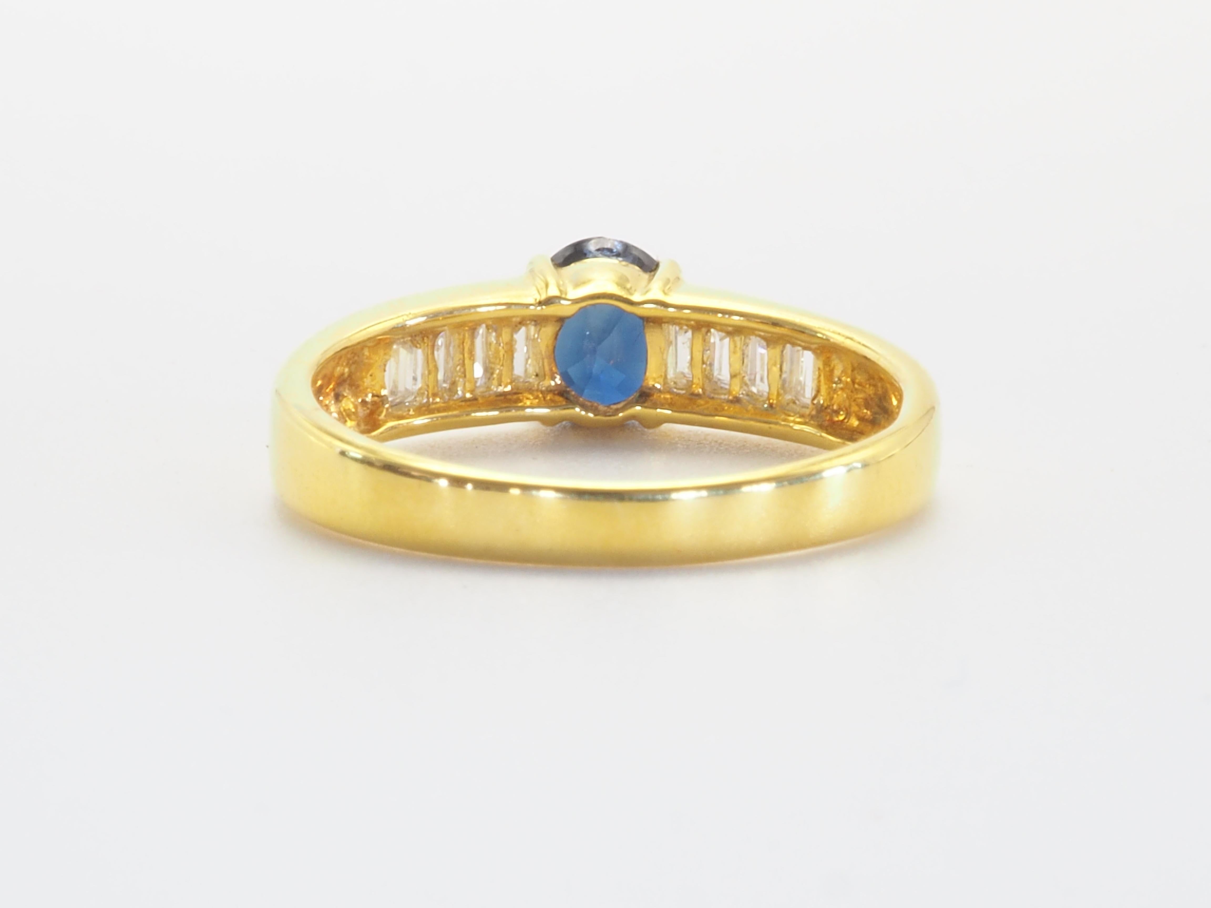 Oval Cut 18k Gold 0.90ct Oval Blue Sapphire & 0.50ct Baguette Diamond Engagement Ring For Sale