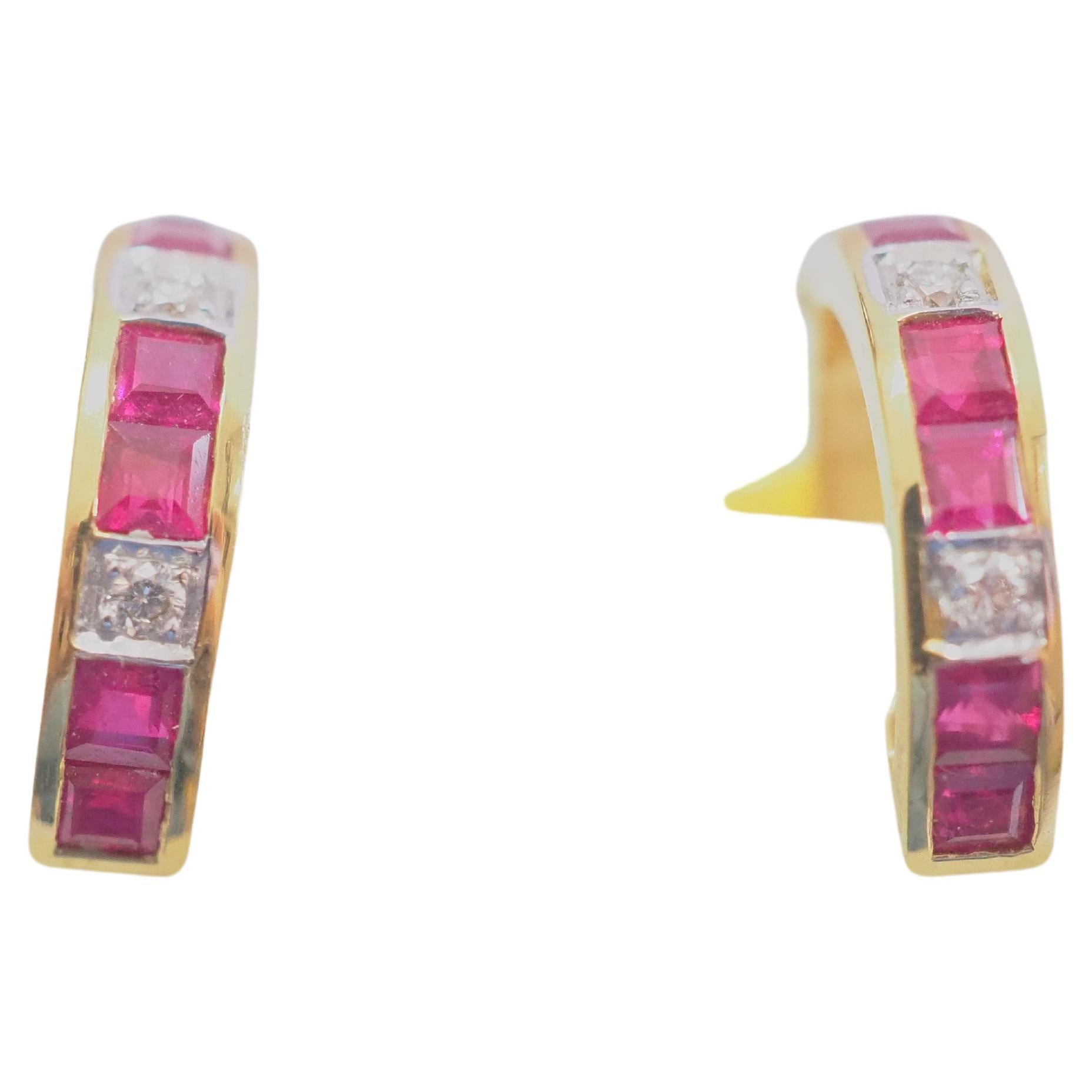 18K Gold 0.90ct Squared Cut Bright Red Ruby & 0.04ct Diamond Hoop Earring For Sale