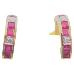 18K Gold 0.90ct Squared Cut Bright Red Ruby & 0.04ct Diamond Hoop Earring