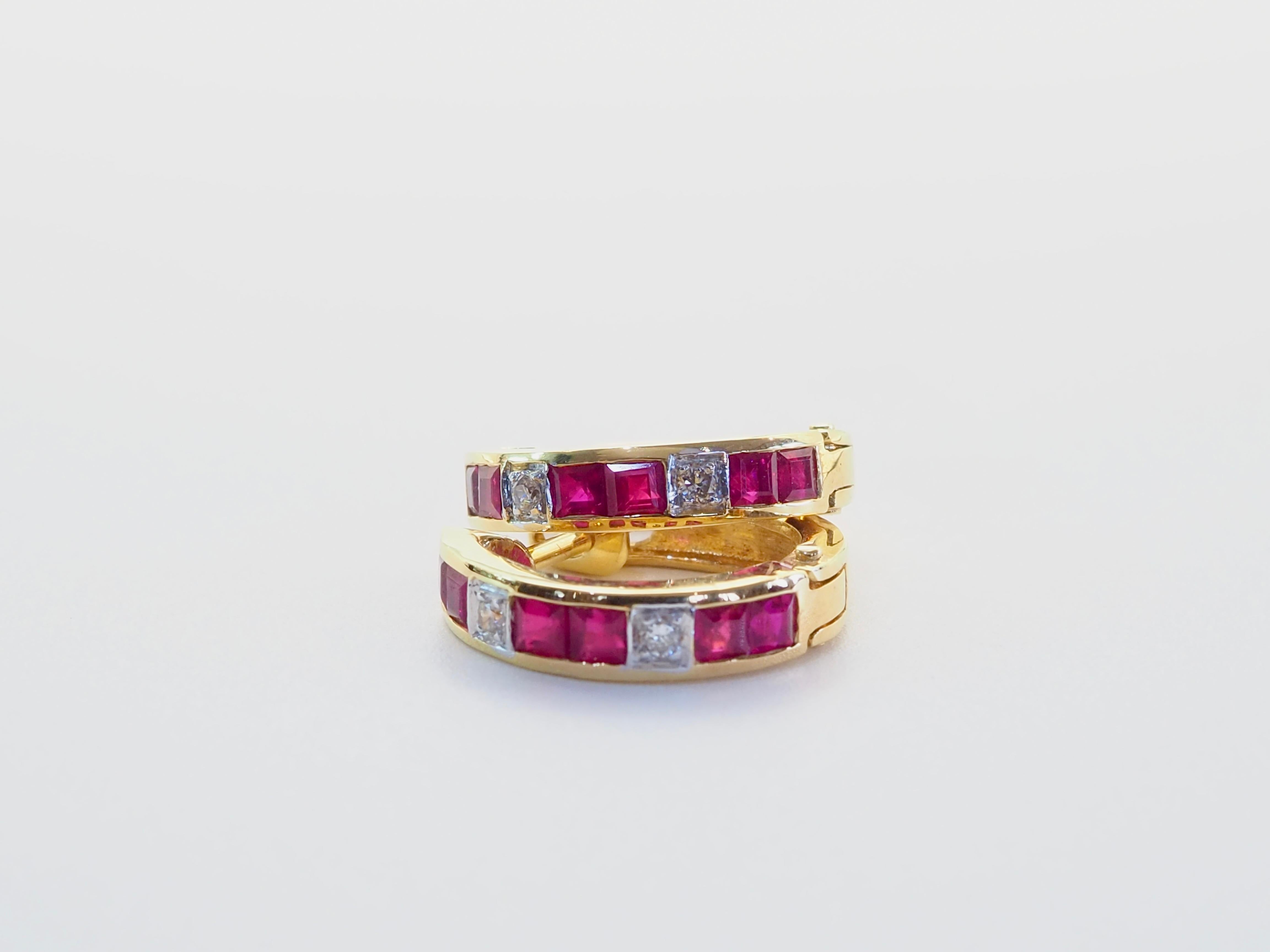 Square Cut 18K Gold 0.90ct Squared Ruby & 0.04ct Diamond Hoop Earrings For Sale