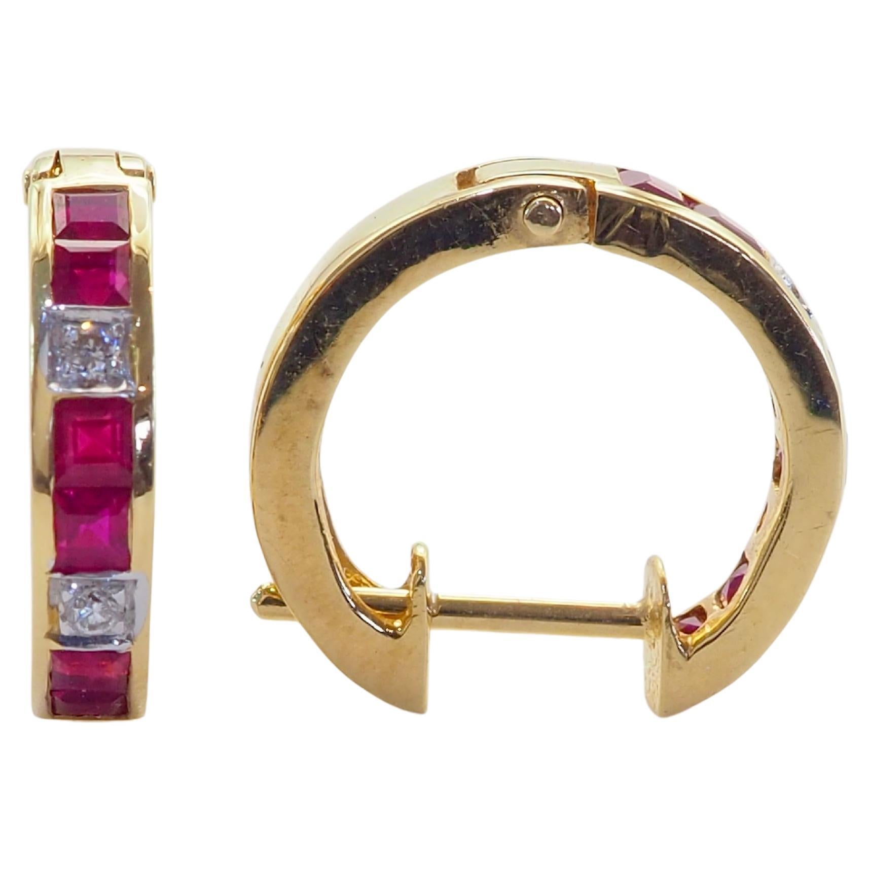 18K Gold 0.90ct Squared Ruby 
0.04ct Diamond Hoop Earrings For Sale