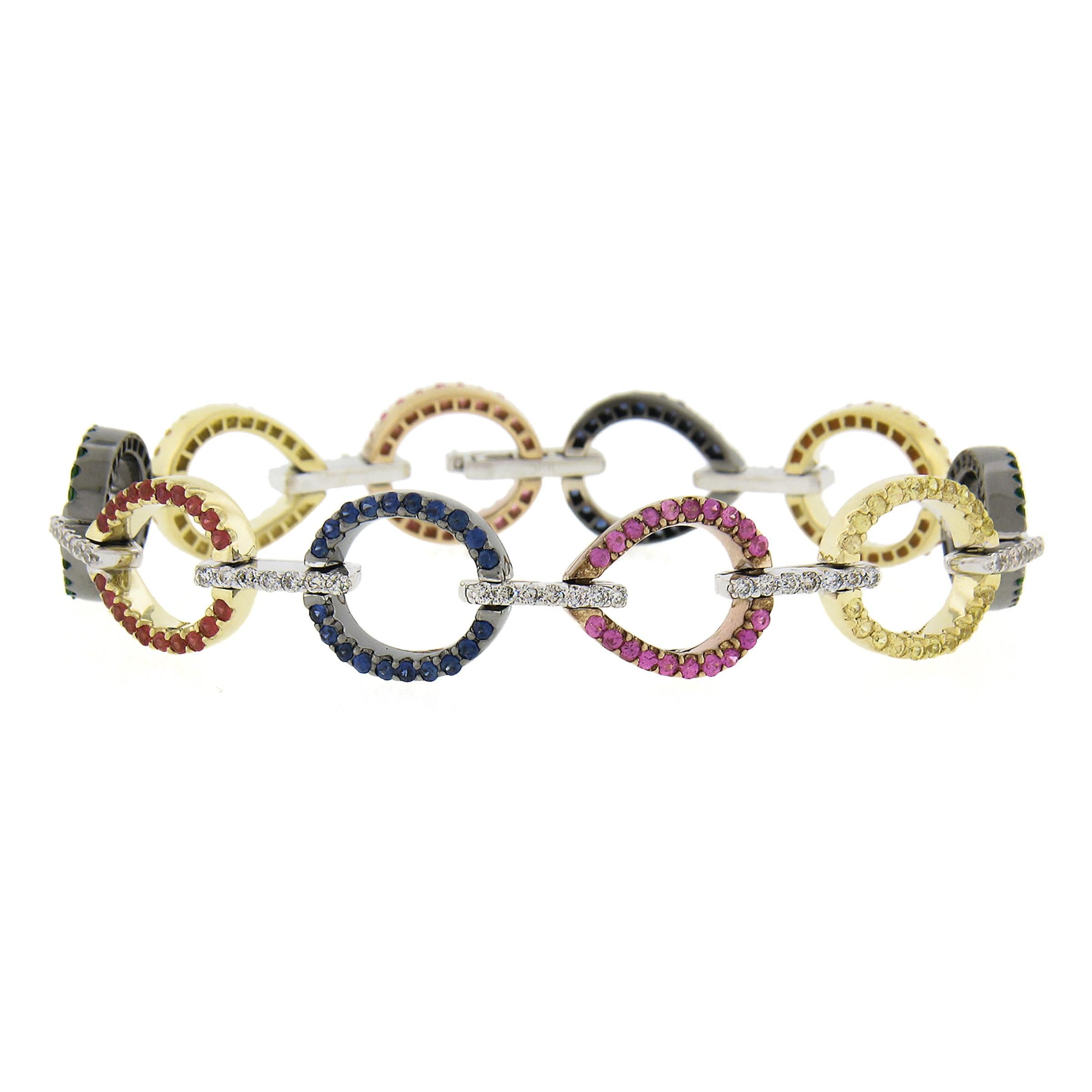 Round Cut 18k Gold 0.90ctw Multi Color Sapphire Tsavorite Diamond Oval Open Link Bracelet