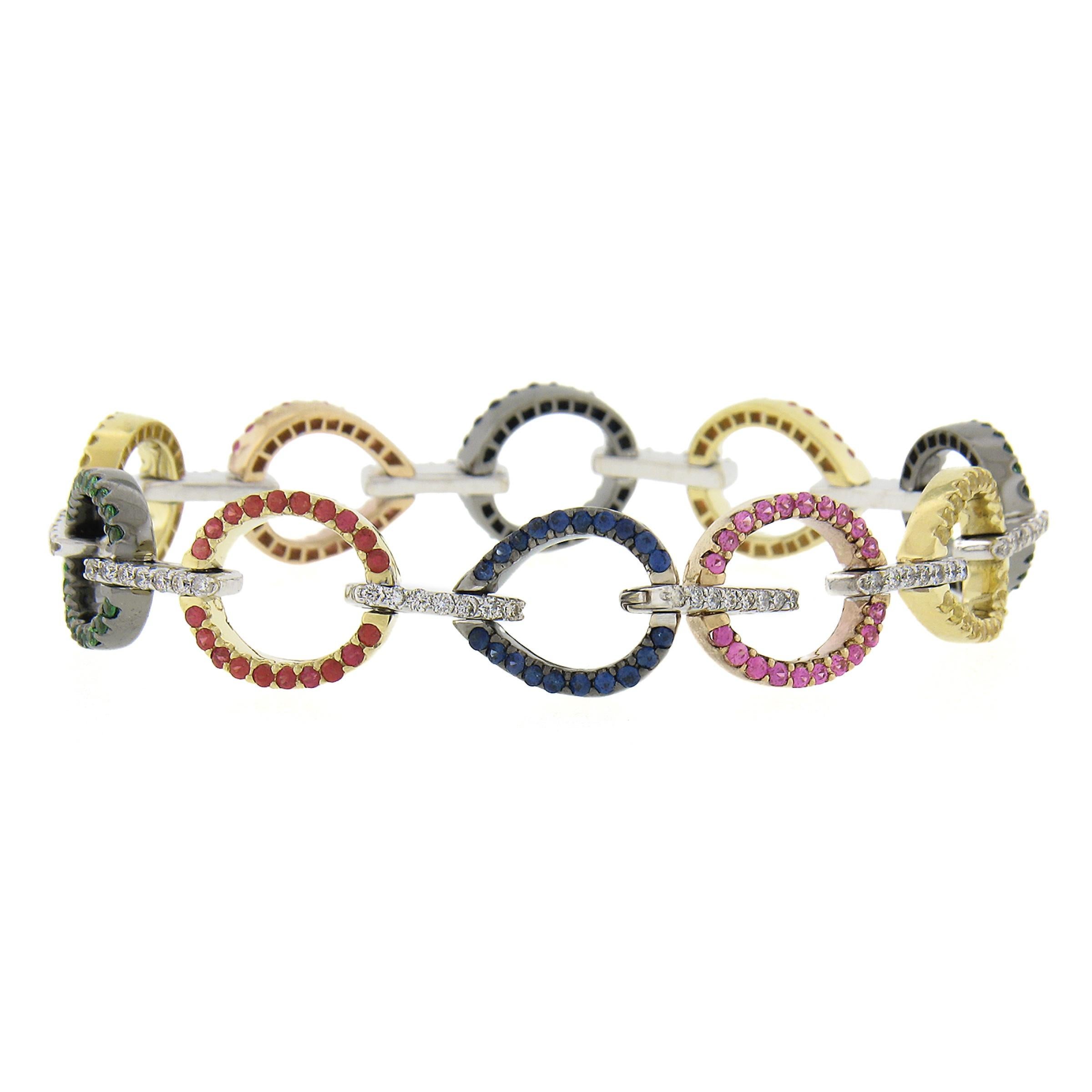 18k Gold 0.90ctw Multi Color Sapphire Tsavorite Diamond Oval Open Link Bracelet In Excellent Condition In Montclair, NJ