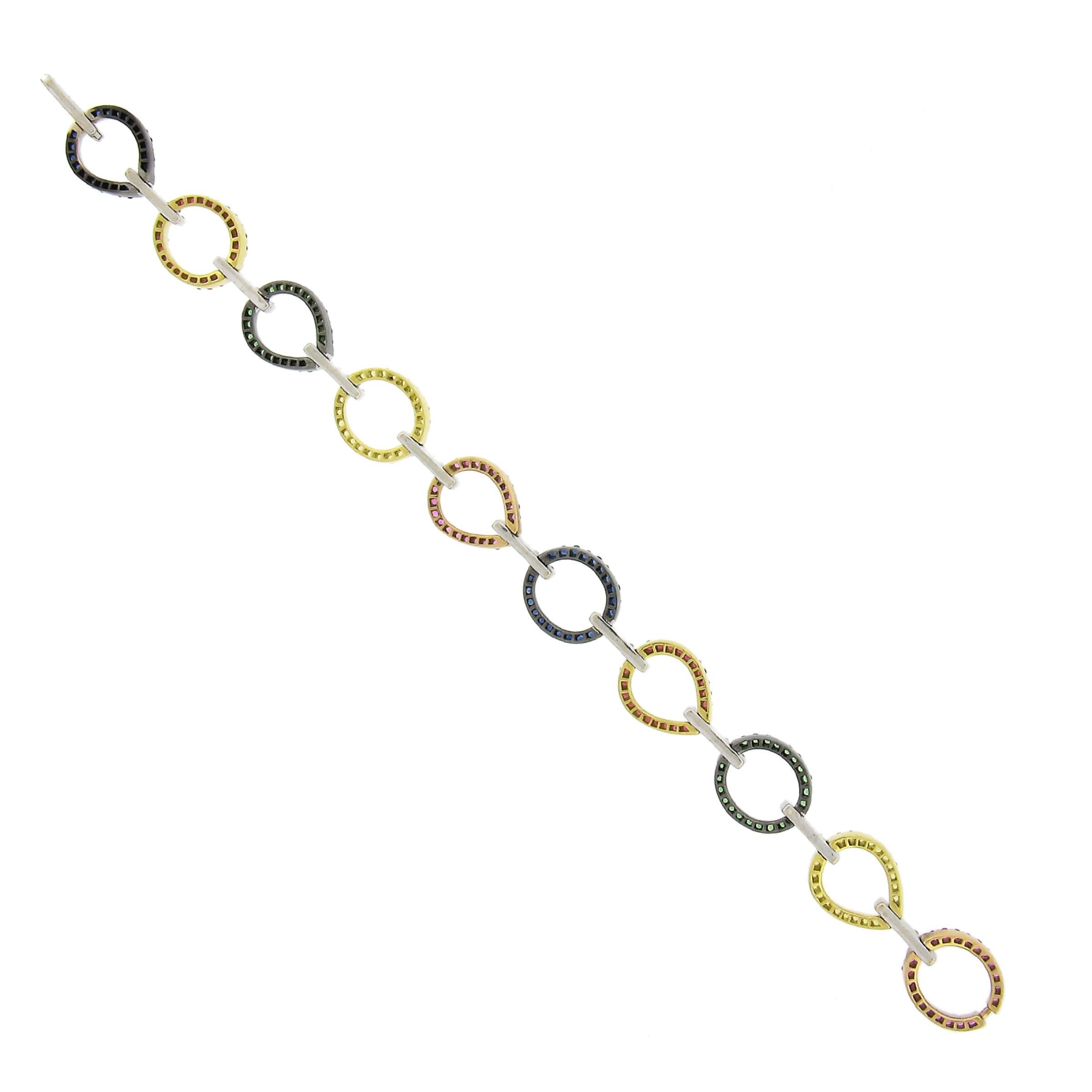 18k Gold 0.90ctw Multi Color Sapphire Tsavorite Diamond Oval Open Link Bracelet 2
