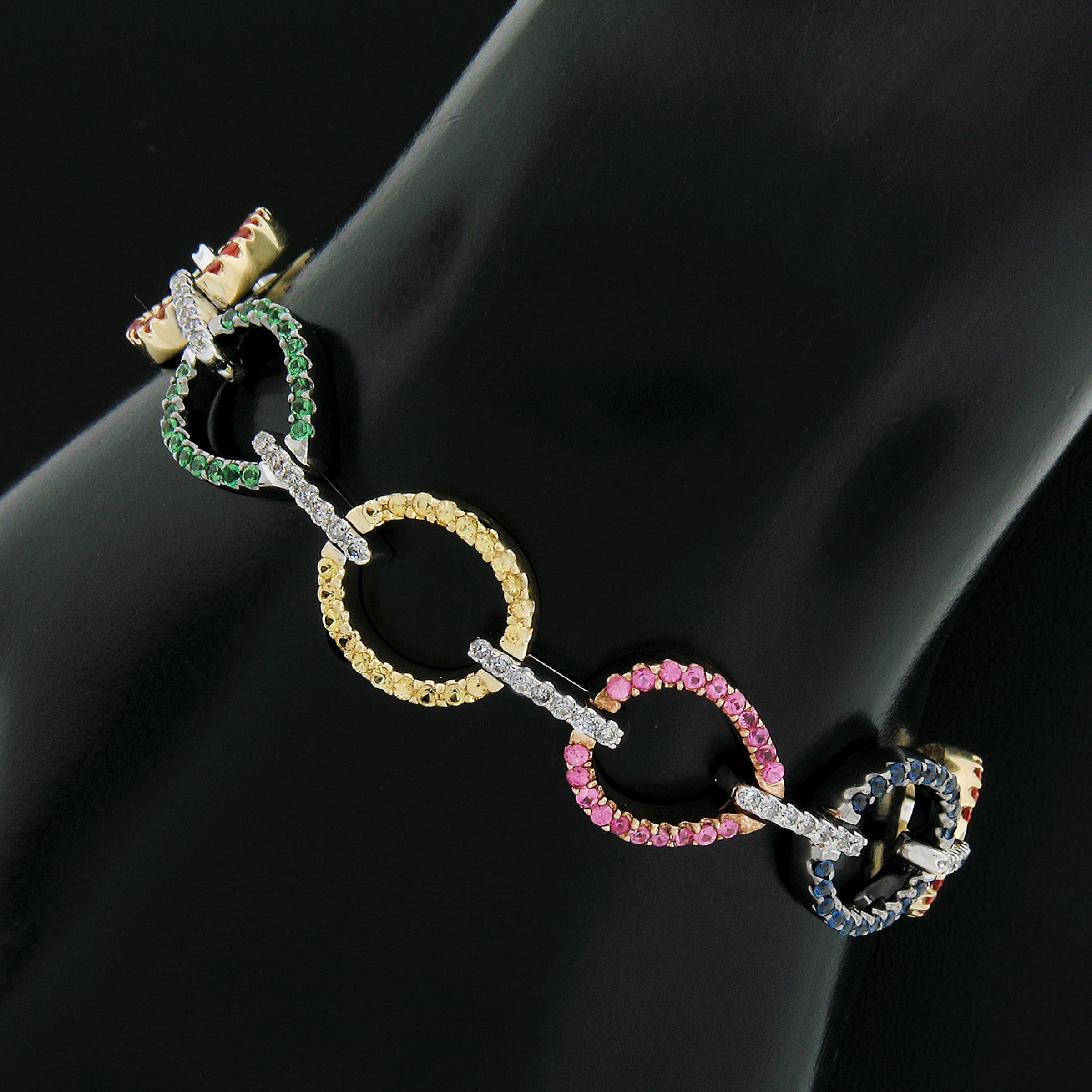 18k Gold 0.90ctw Multi Color Sapphire Tsavorite Diamond Oval Open Link Bracelet 3