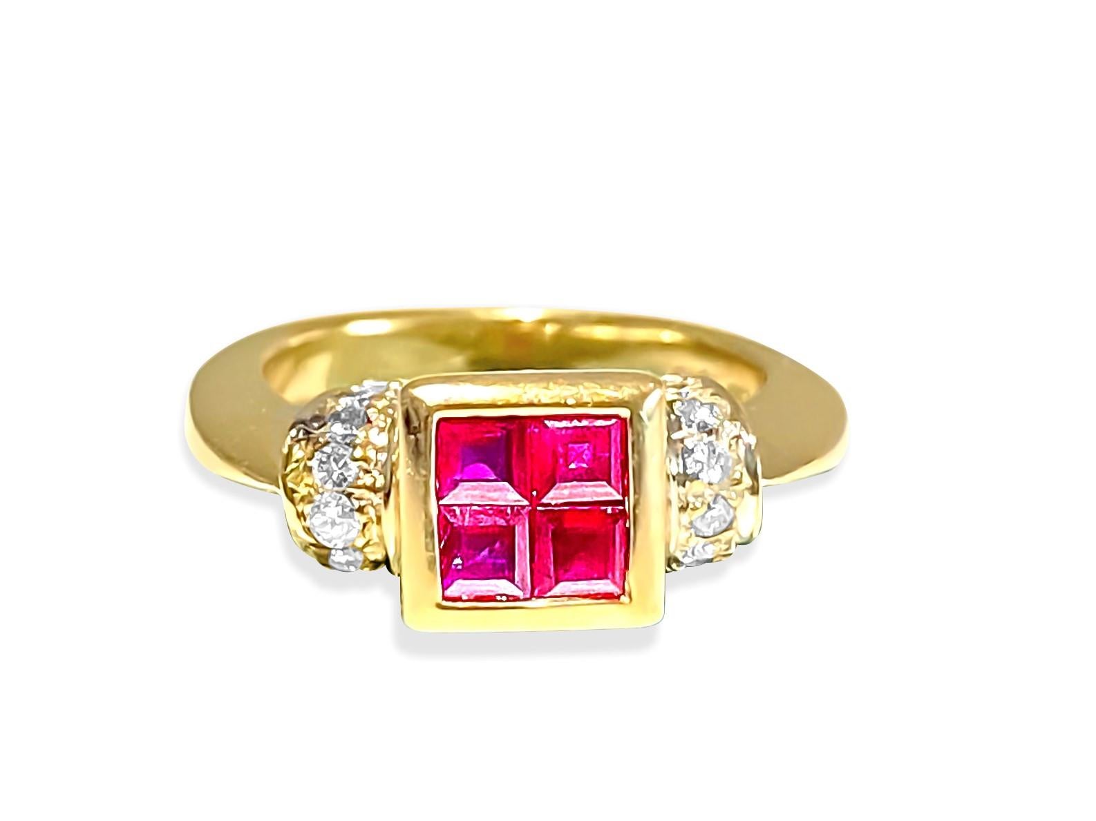 Radiate timeless elegance with this exquisite ring crafted from 18K yellow gold, showcasing a 0.60 carat square-cut natural ruby and 0.32 carats of VS clarity, G color diamonds. Each gemstone, including the ruby and diamonds, is 100% natural earth