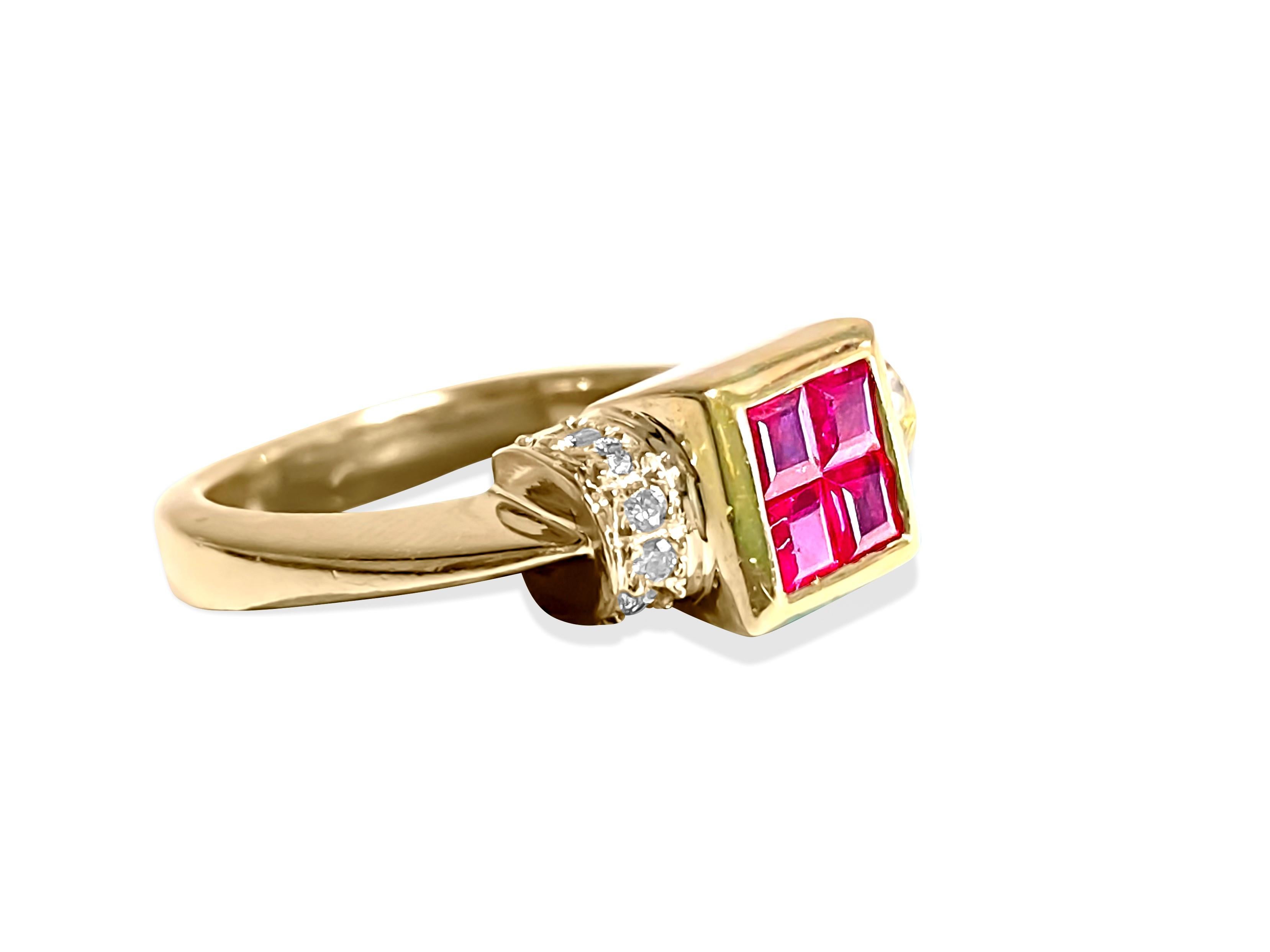 Retro 18K Gold, 0.92 Carat Diamond and Natural Ruby Ring For Sale