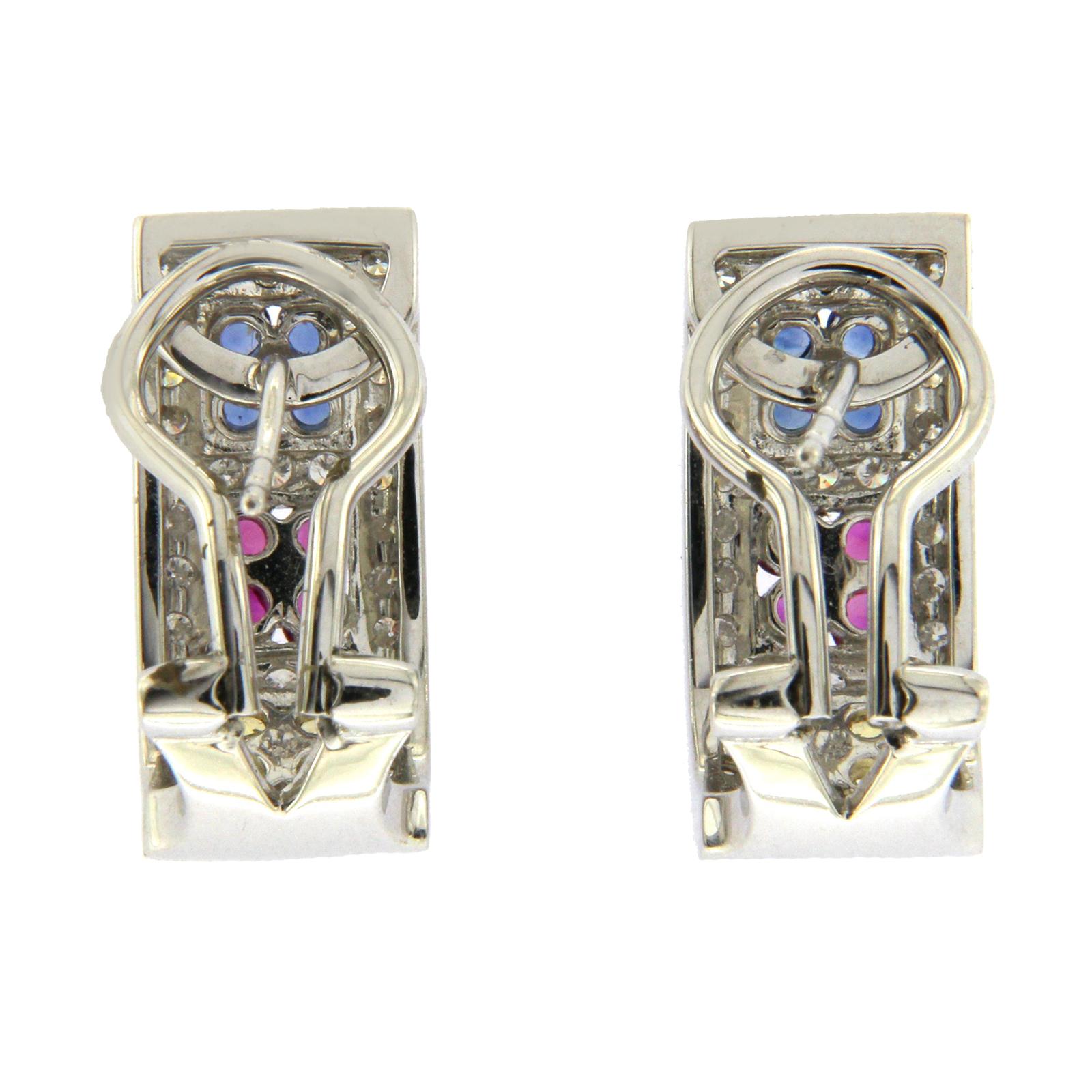 18k Gold 0.93 Ct Diamonds & 1.38 Ct Multi Sapphire Omega Back Earrings In Excellent Condition For Sale In Los Angeles, CA