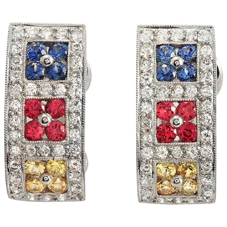 18k Gold 0.93 Ct Diamonds & 1.38 Ct Multi Sapphire Omega Back Earrings For Sale