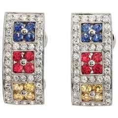 18k Gold 0.93 Ct Diamonds & 1.38 Ct Multi Sapphire Omega Back Earrings