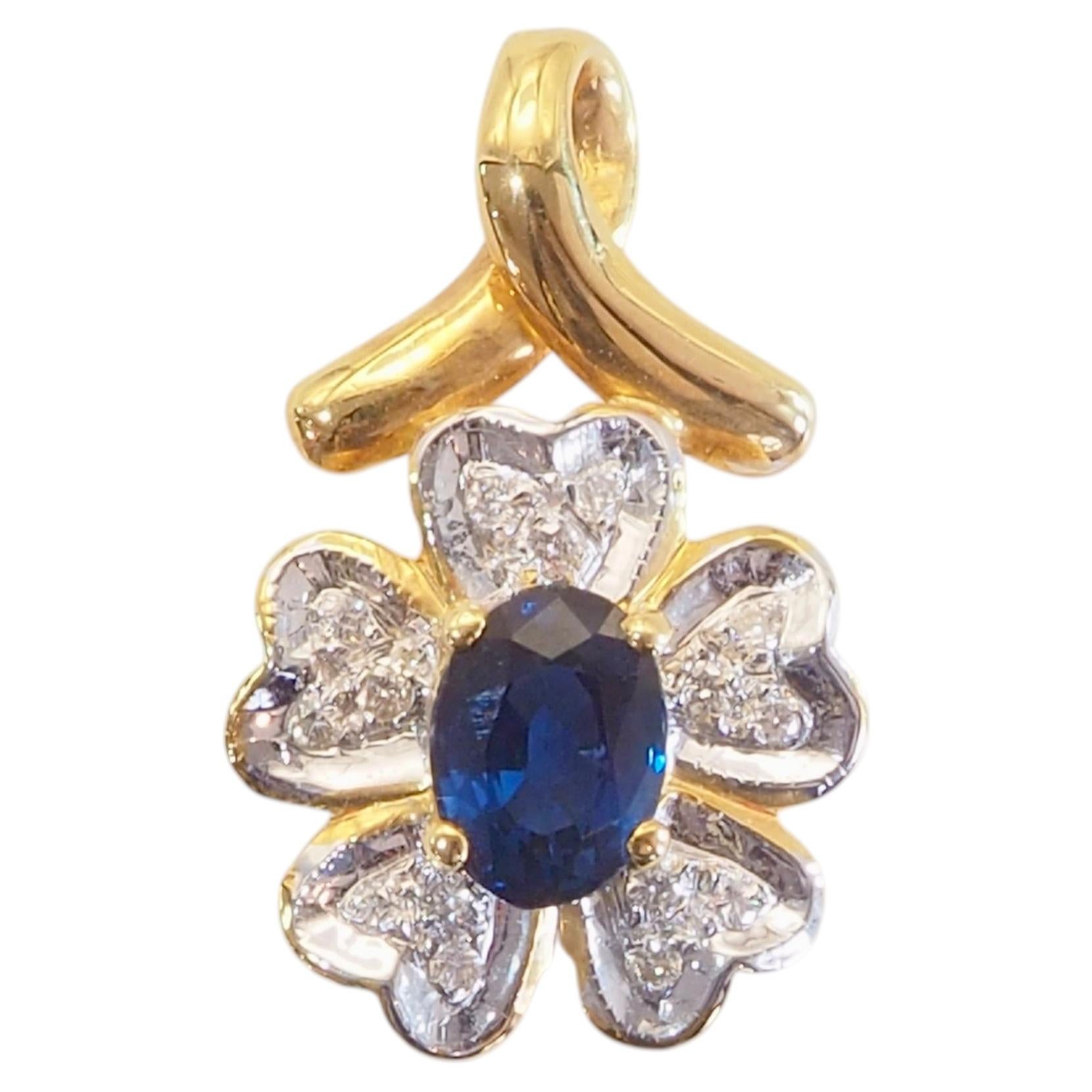 18K Gold 0.95ct Oval Blue Sapphire & 0.08ct Diamond Floral Pendant Enhancer For Sale