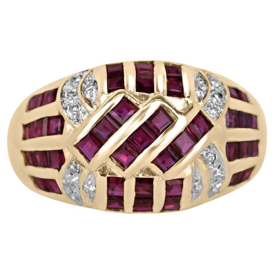 18K Gold 0.95tcw Ruby & Diamond Cluster Wide Band, Ruby Bombe Ring, Fine Jewelry