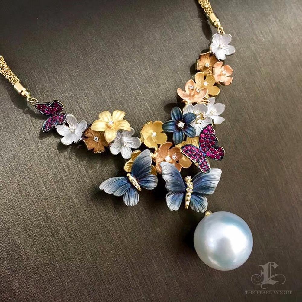 Uncut Butterfly Bloom South Sea Pearl Pendant Necklace with Diamond Dust Finish