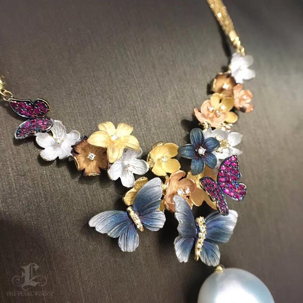 Women's Butterfly Bloom South Sea Pearl Pendant Necklace with Diamond Dust Finish