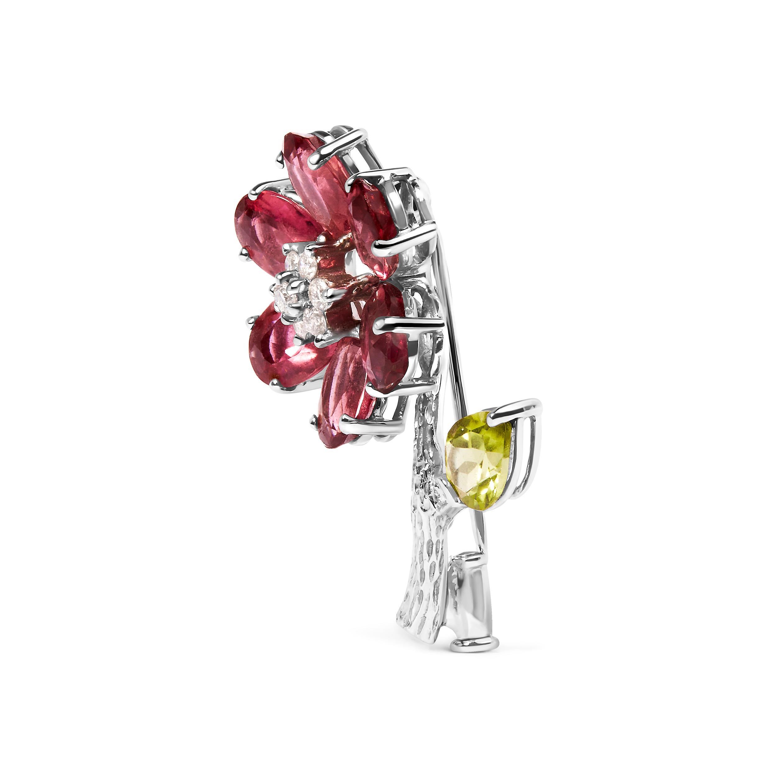 Crafted to perfection, this brooch pin is a stunning portrayal of a lifelike flower. The stem, fashioned from gleaming 18k white gold, is adorned with a radiant array of white diamonds, providing an unmatched brilliance that mimics the glistening