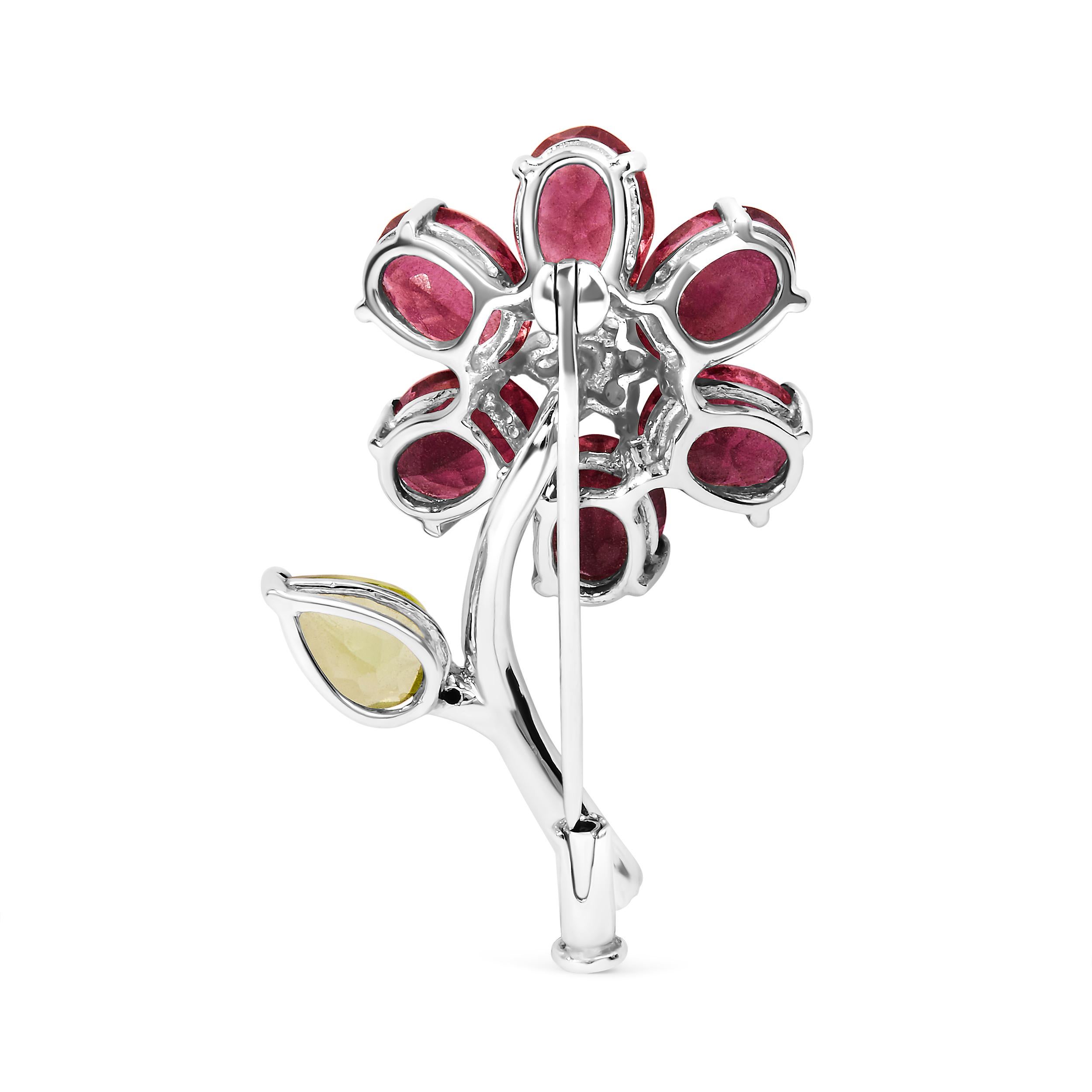 Contemporary 18K Gold 1/3 Carat Diamond, Tourmaline & Peridot Flower & Leaf Tulip Brooch Pin For Sale