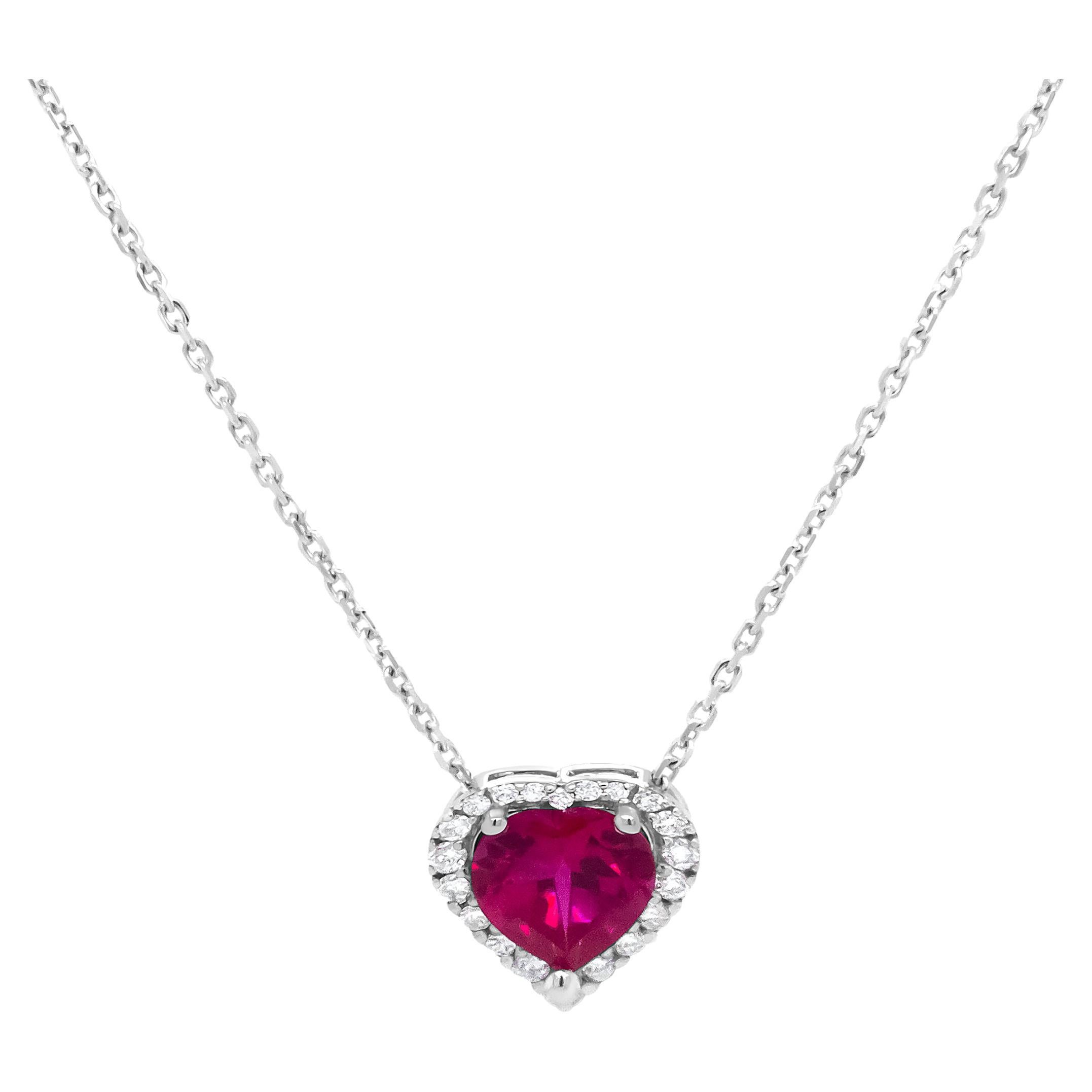 18K Gold 1/5 Carat Diamond & Heart-Shaped Ruby Halo Pendant Necklace