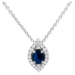 18K Gold 1/7 Carat Diamond & Oval Blue Sapphire Halo Leaf Pendant Necklace