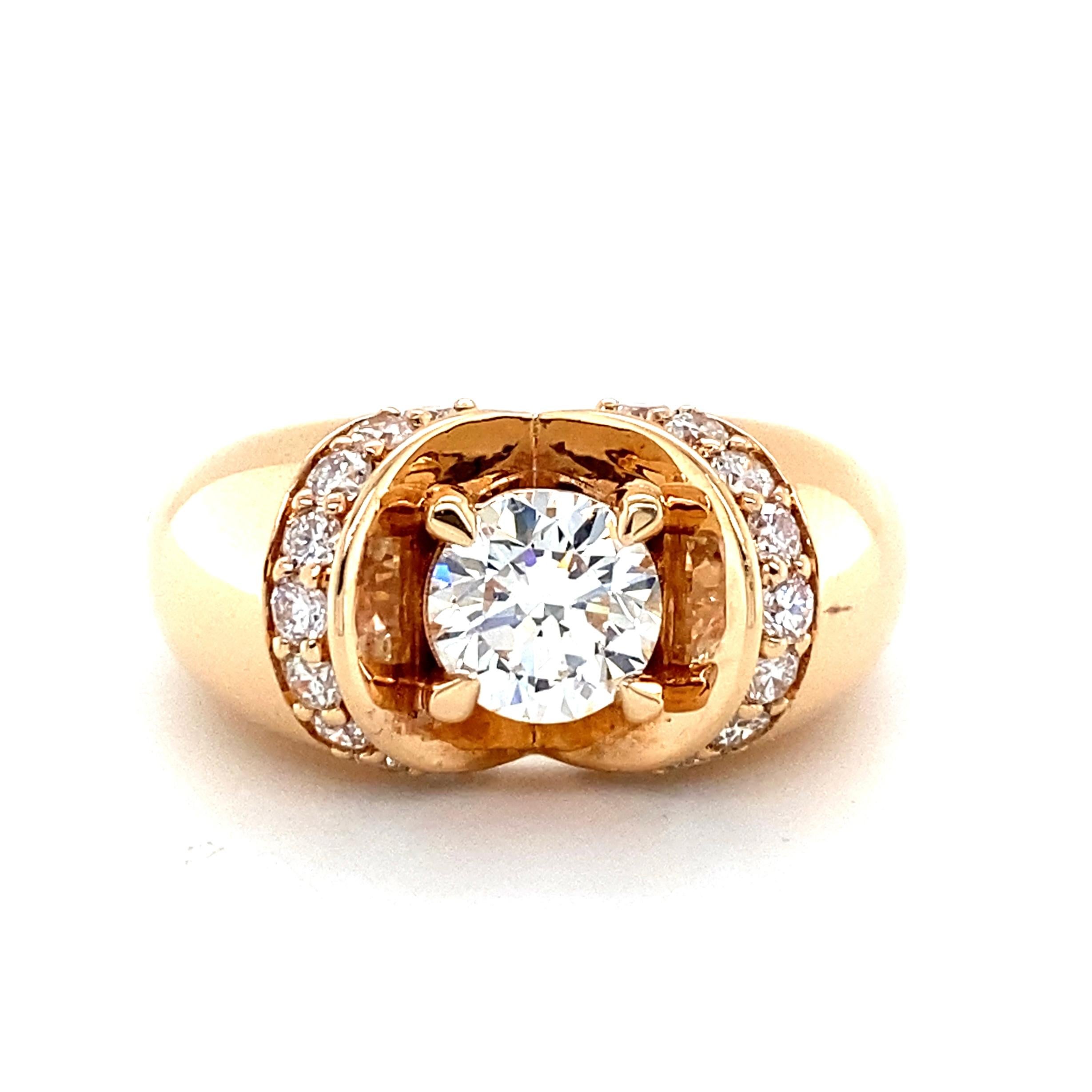 This exceptional ring is a true marvel, with its 1-carat diamond in 18k gold accentuated by an additional 0.48 carats of diamonds. Its unique dome setting enhances the center diamond's beauty and creates the illusion of a larger stone. The open-back