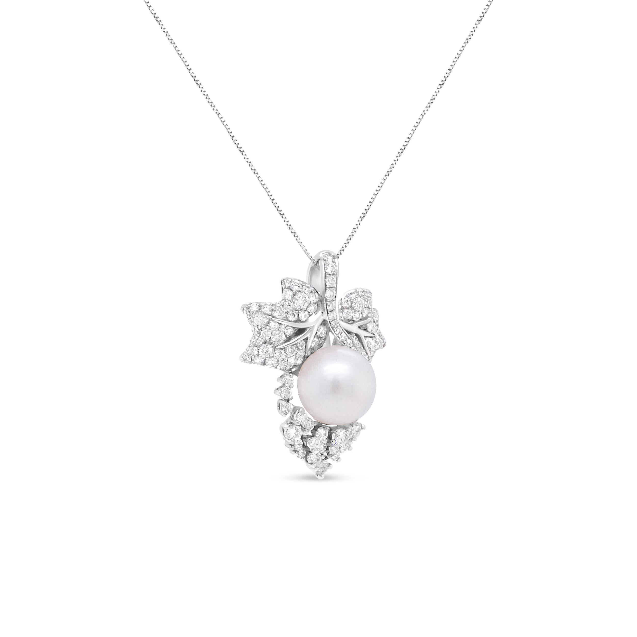 A romantic look that gives off the illusion of old school glamour, this 18k white gold is a head turner. A beautifully crafted 10 MM cultured pearl sits at the center of this glamorous beauty and is adorned on a leaf-like motif embellished with