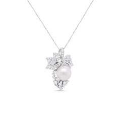 18K Gold Cultured Pearl & 7/8 Carat Diamond Floral Leaf Pendant Necklace