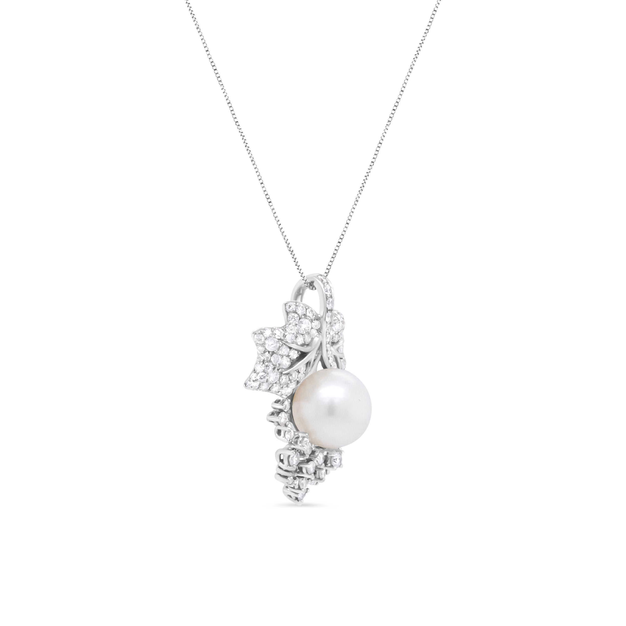 Contemporary 18K Gold Cultured Pearl & 7/8 Carat Diamond Floral Leaf Pendant Necklace