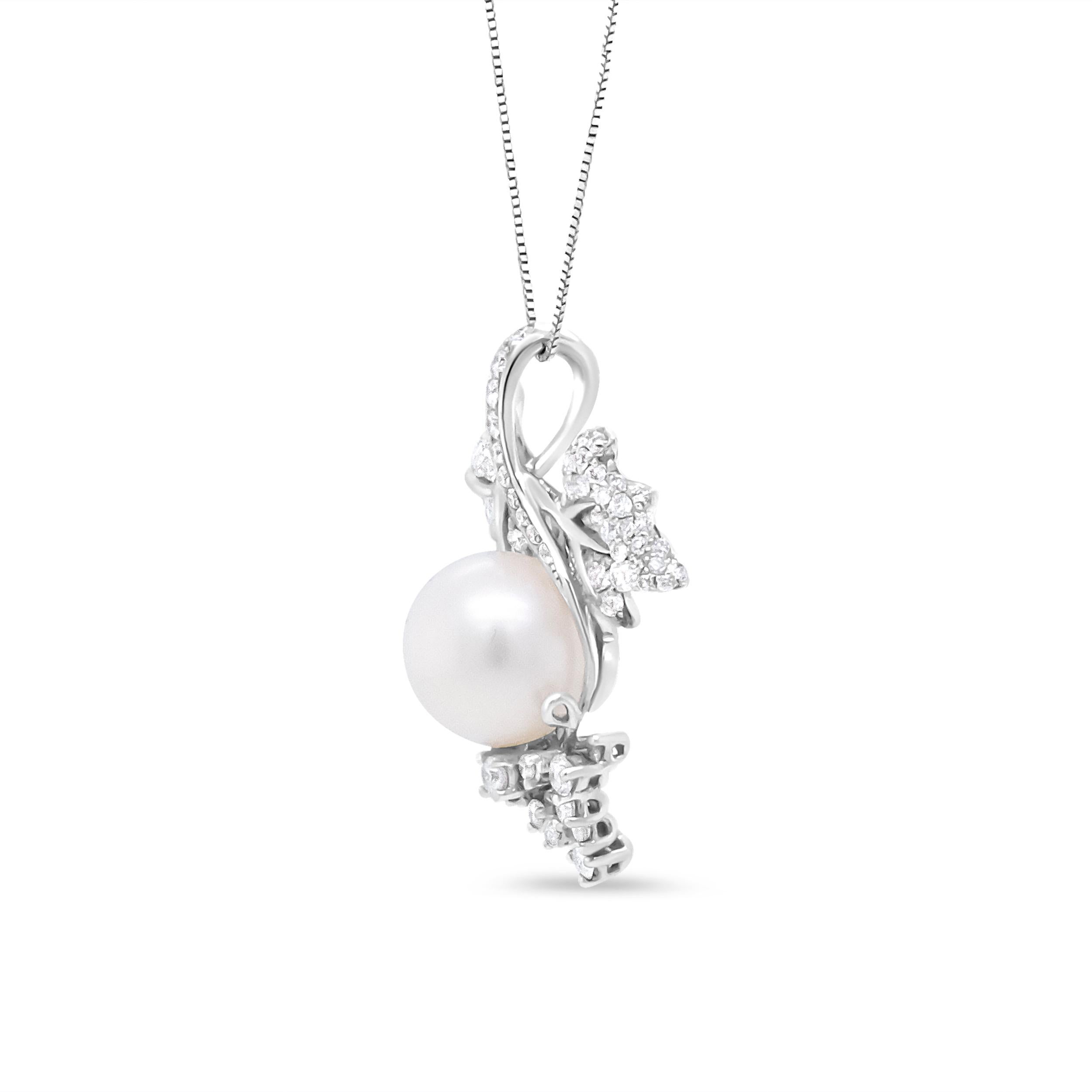Round Cut 18K Gold Cultured Pearl & 7/8 Carat Diamond Floral Leaf Pendant Necklace