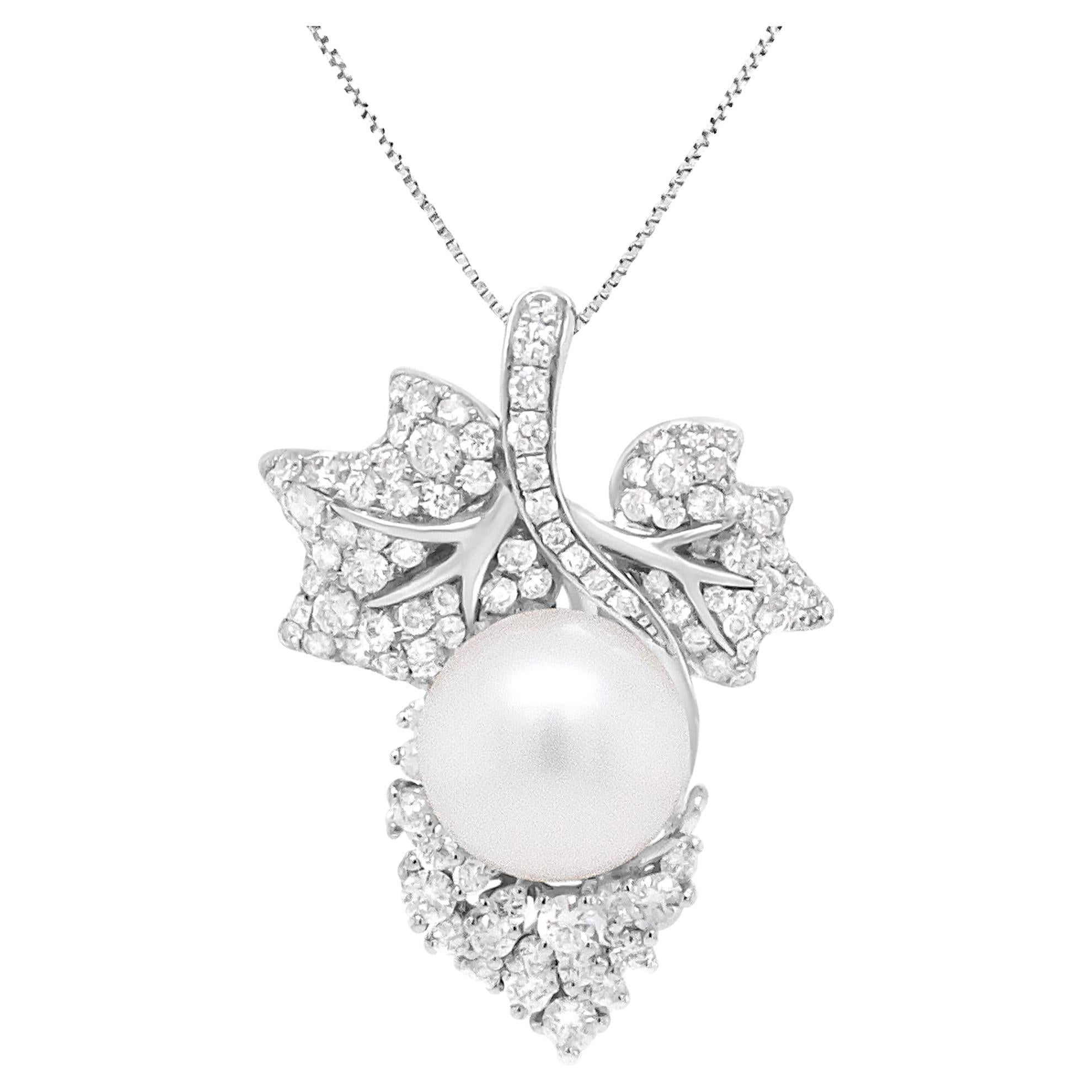 18K Gold Cultured Pearl & 7/8 Carat Diamond Floral Leaf Pendant Necklace