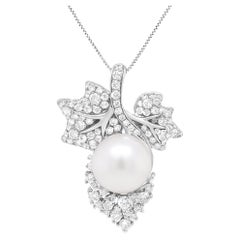 18K Gold Cultured Pearl & 7/8 Carat Diamond Floral Leaf Pendant Necklace