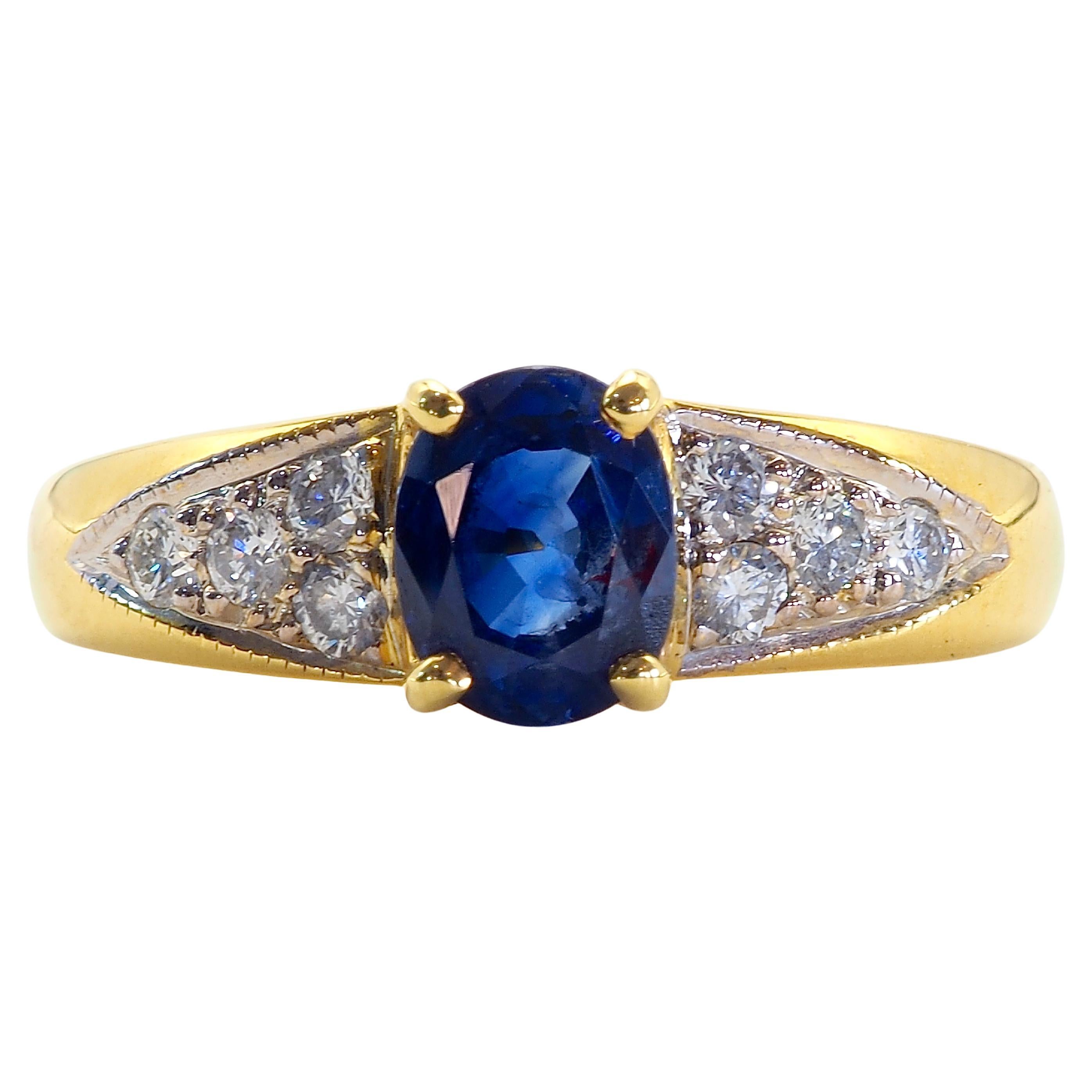18K Gold 1.00ct Blue Sapphire & 0.20ct Diamond Fine Ring