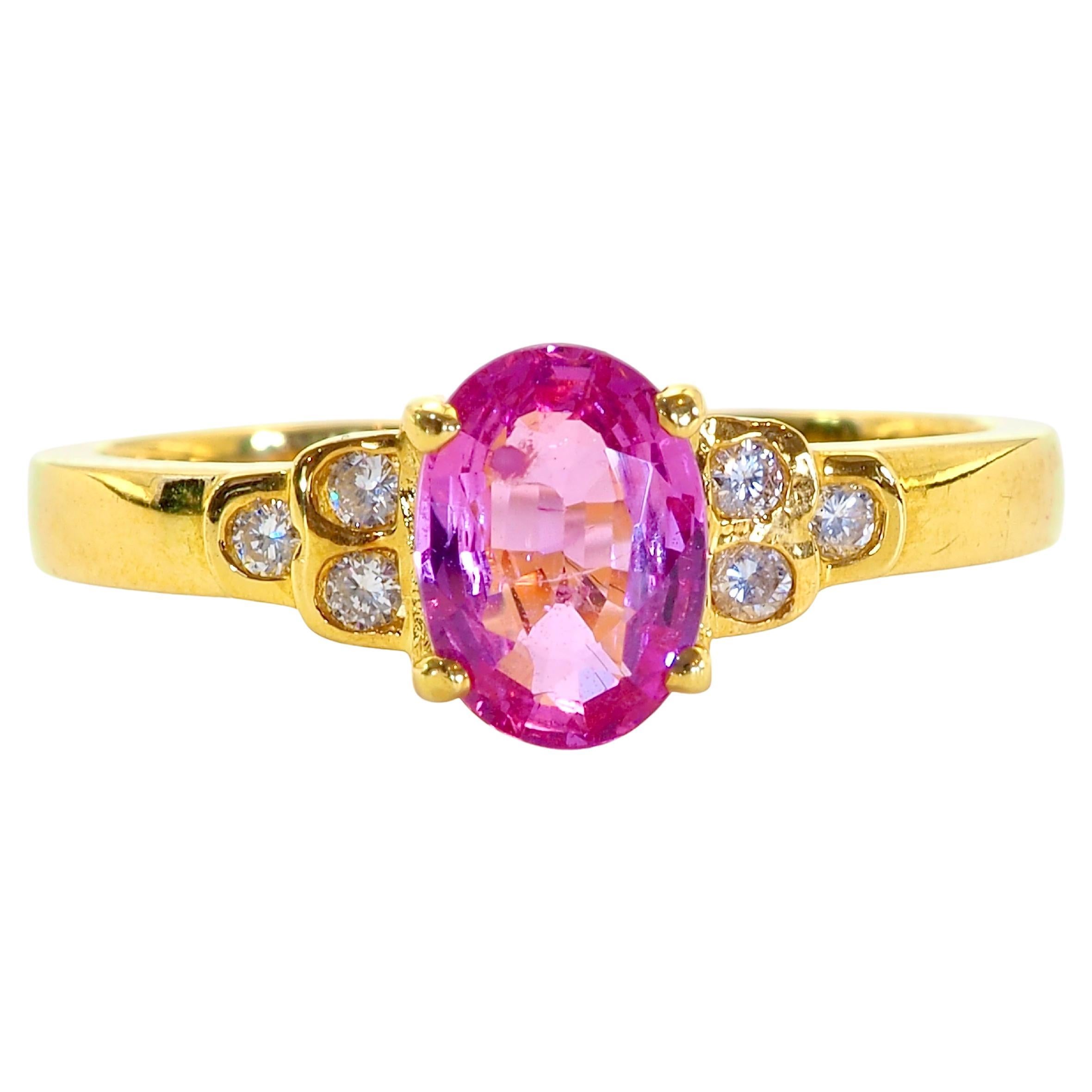 18K Gold 1.00ct Oval Pink Sapphire & 0.08ct Diamond Fine Engagement Ring For Sale