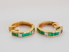 18K Gold 1.00ct Square- Cut Emerald & 0.02ct Diamond Fine Huggies Hoop Earrings